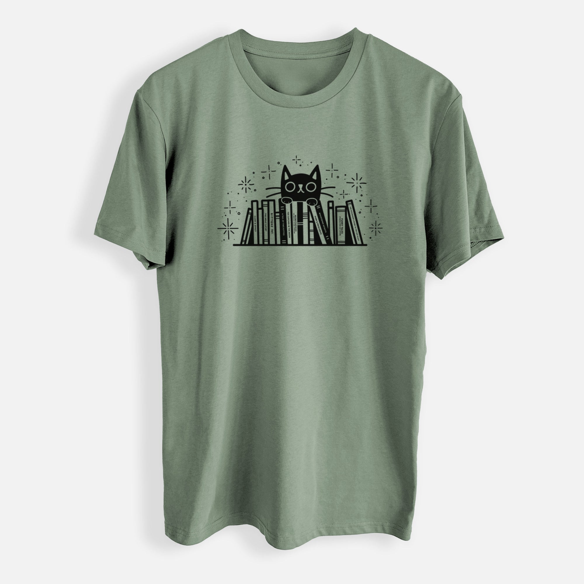 Kitty Library - Black Cat Behind Books - Mens Everyday Staple Tee