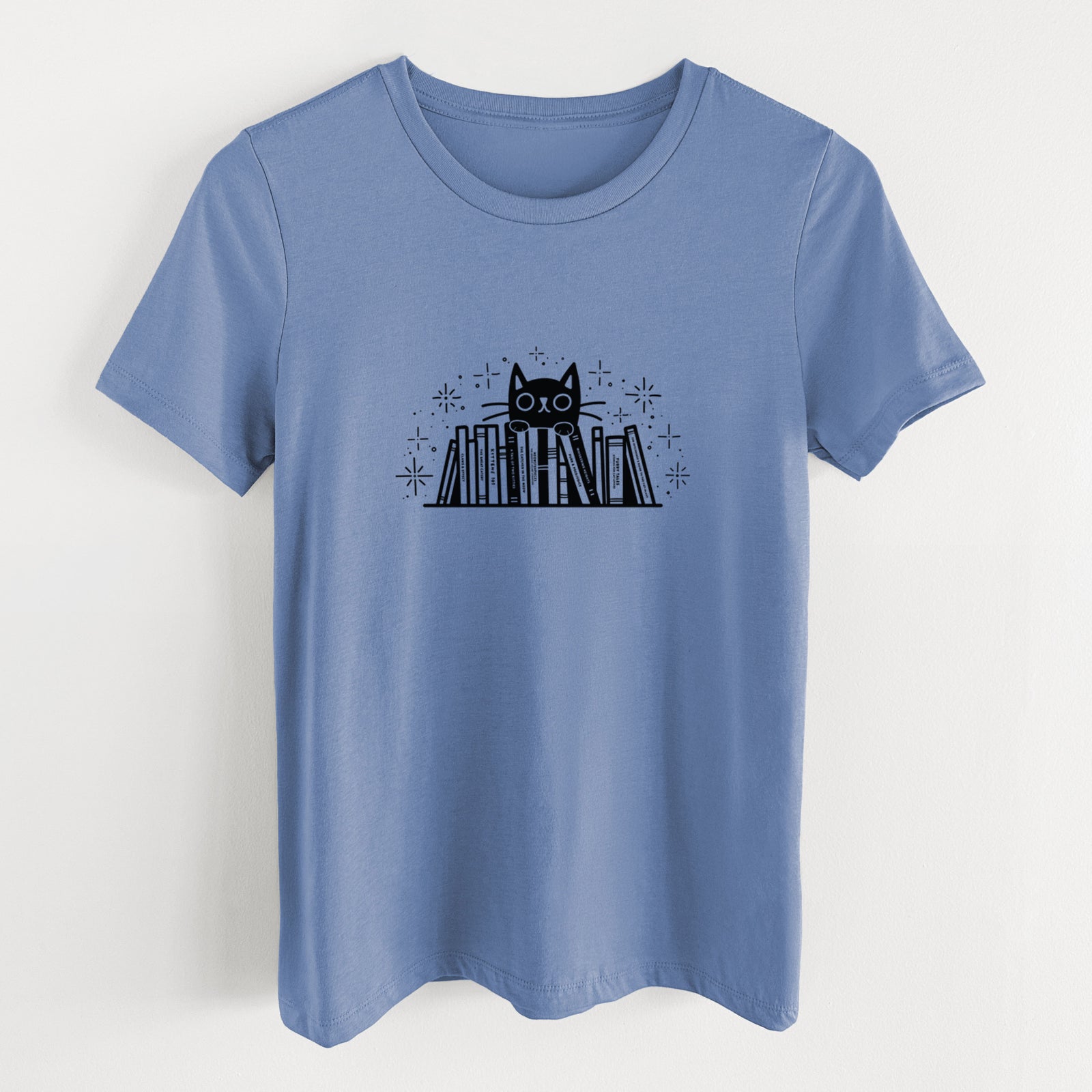 Kitty Library - Black Cat Behind Books - Women's Lightweight Relaxed Fit 100% Cotton Crewneck