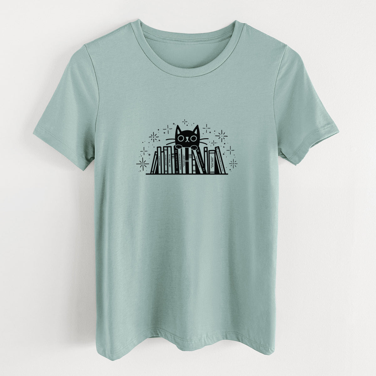 Kitty Library - Black Cat Behind Books - Women's Lightweight Relaxed Fit 100% Cotton Crewneck