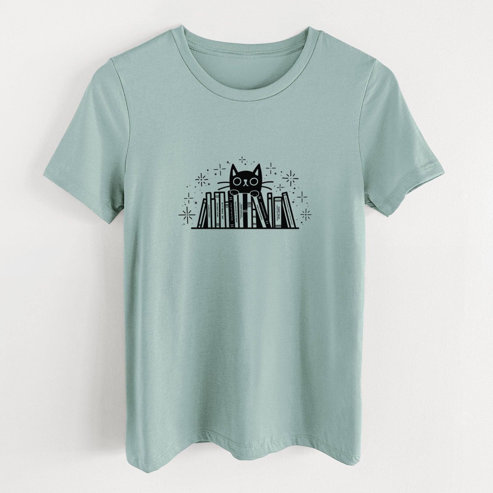 Kitty Library - Black Cat Behind Books - Women's Lightweight Relaxed Fit 100% Cotton Crewneck