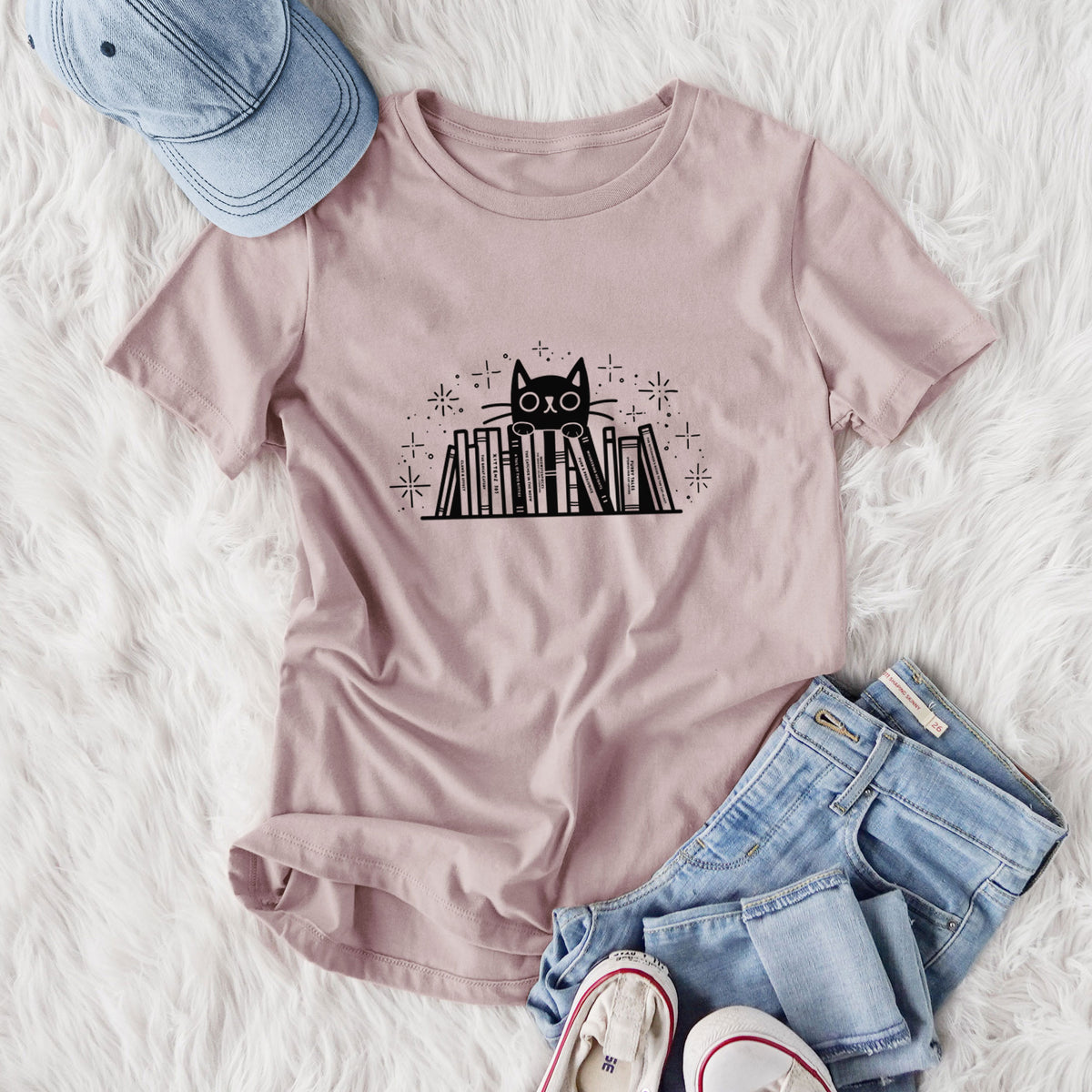 Kitty Library - Black Cat Behind Books - Women's Lightweight Relaxed Fit 100% Cotton Crewneck