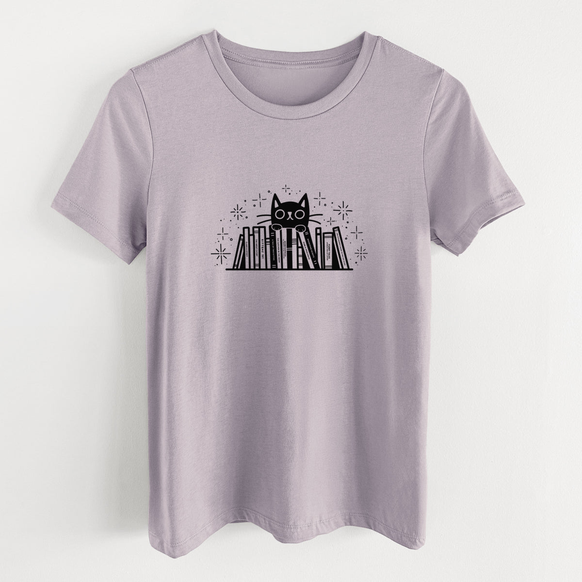 Kitty Library - Black Cat Behind Books - Women&#39;s Lightweight Relaxed Fit 100% Cotton Crewneck