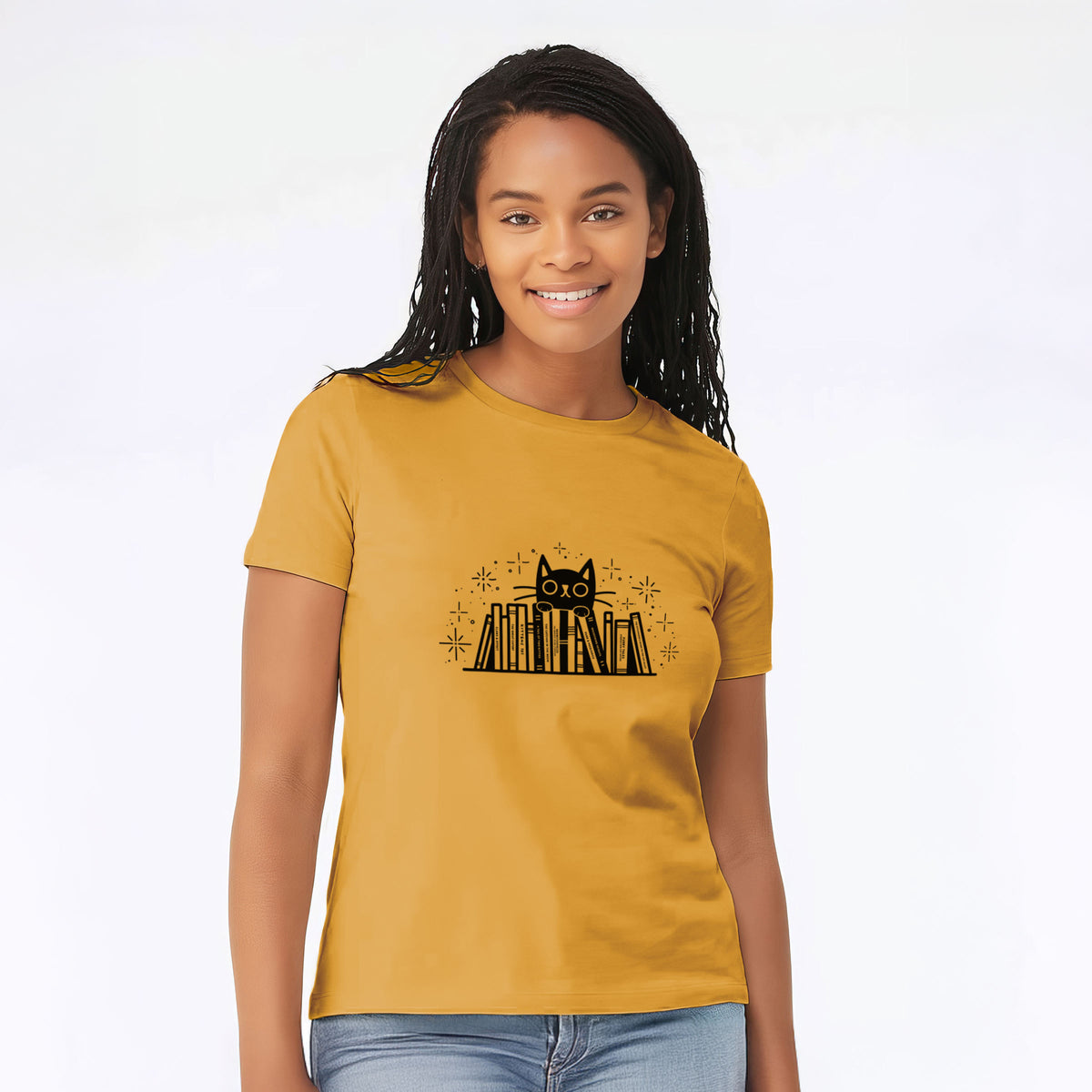 Kitty Library - Black Cat Behind Books - Women's Lightweight Relaxed Fit 100% Cotton Crewneck