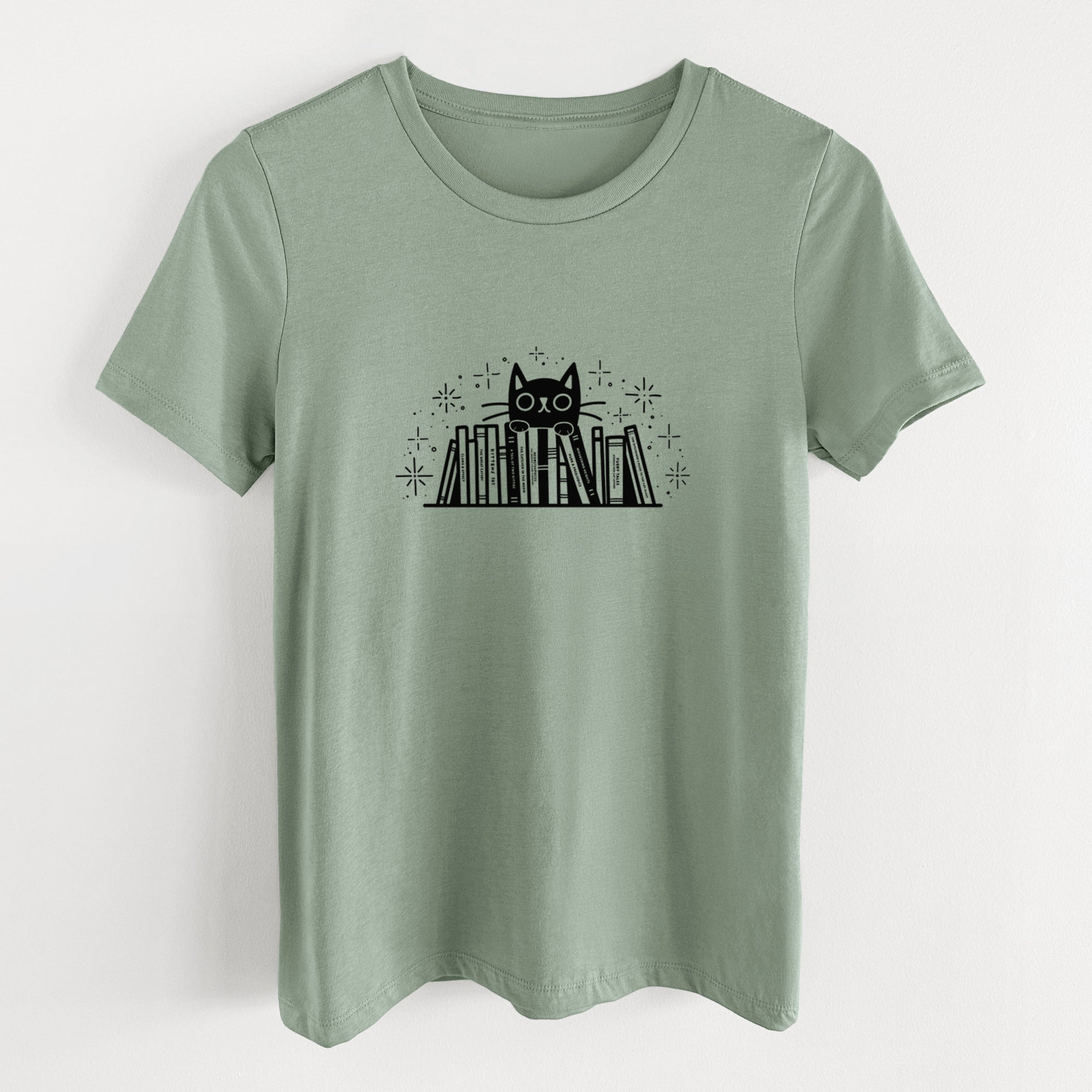 Kitty Library - Black Cat Behind Books - Women's Lightweight Relaxed Fit 100% Cotton Crewneck