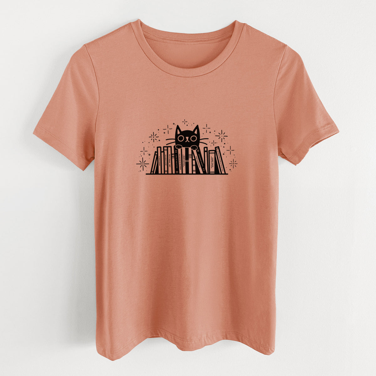 Kitty Library - Black Cat Behind Books - Women's Lightweight Relaxed Fit 100% Cotton Crewneck