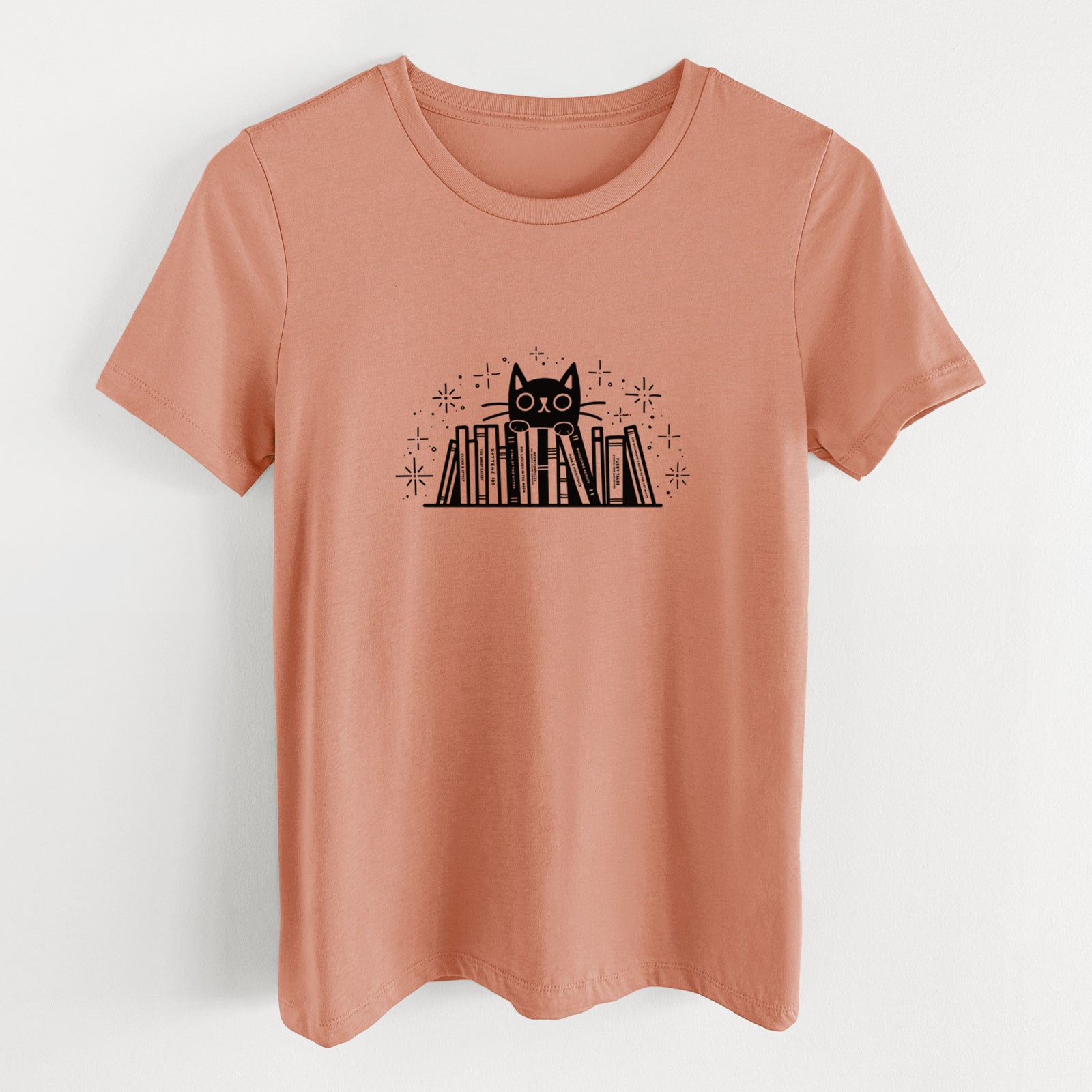 Kitty Library - Black Cat Behind Books - Women's Lightweight Relaxed Fit 100% Cotton Crewneck
