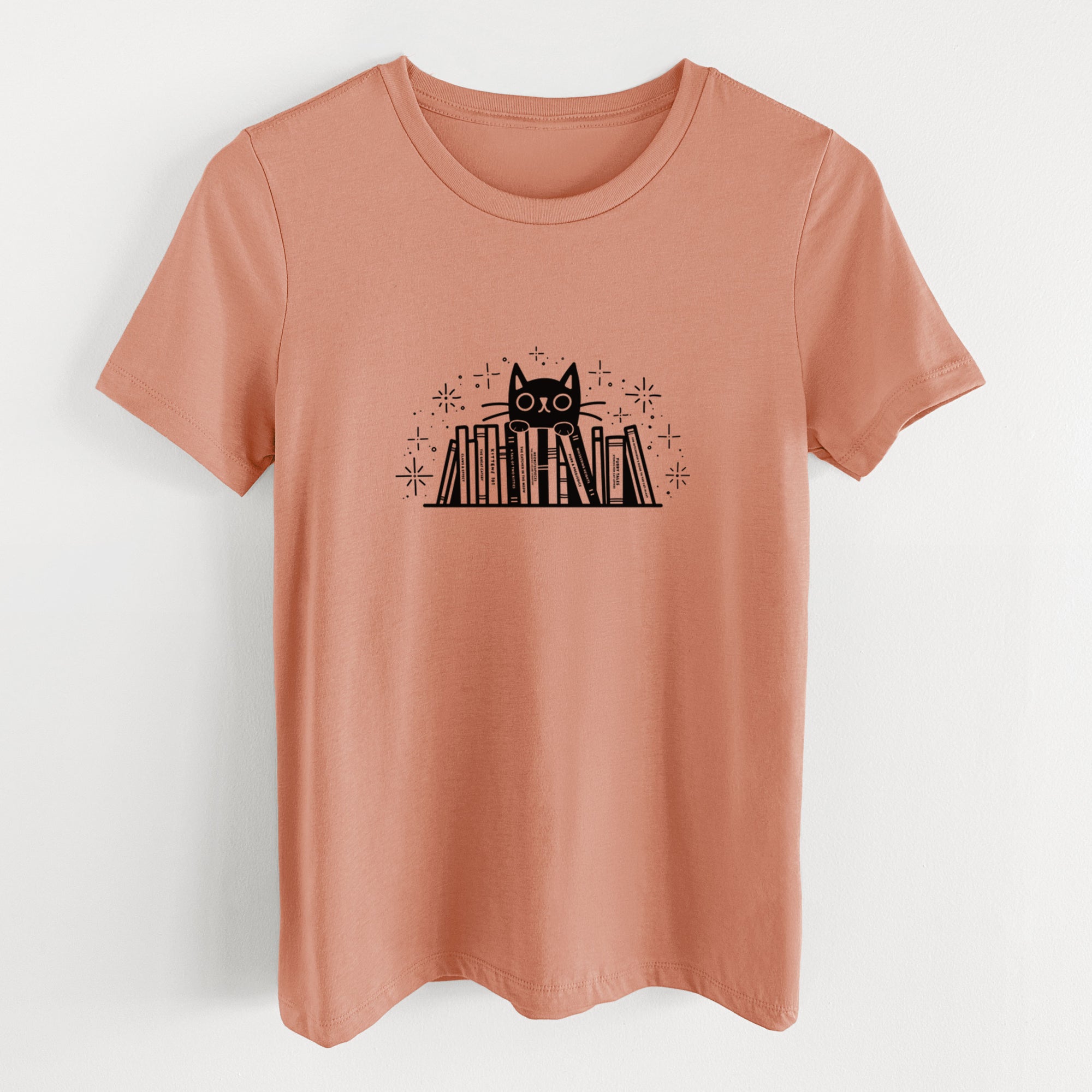 Kitty Library - Black Cat Behind Books - Women's Lightweight Relaxed Fit 100% Cotton Crewneck