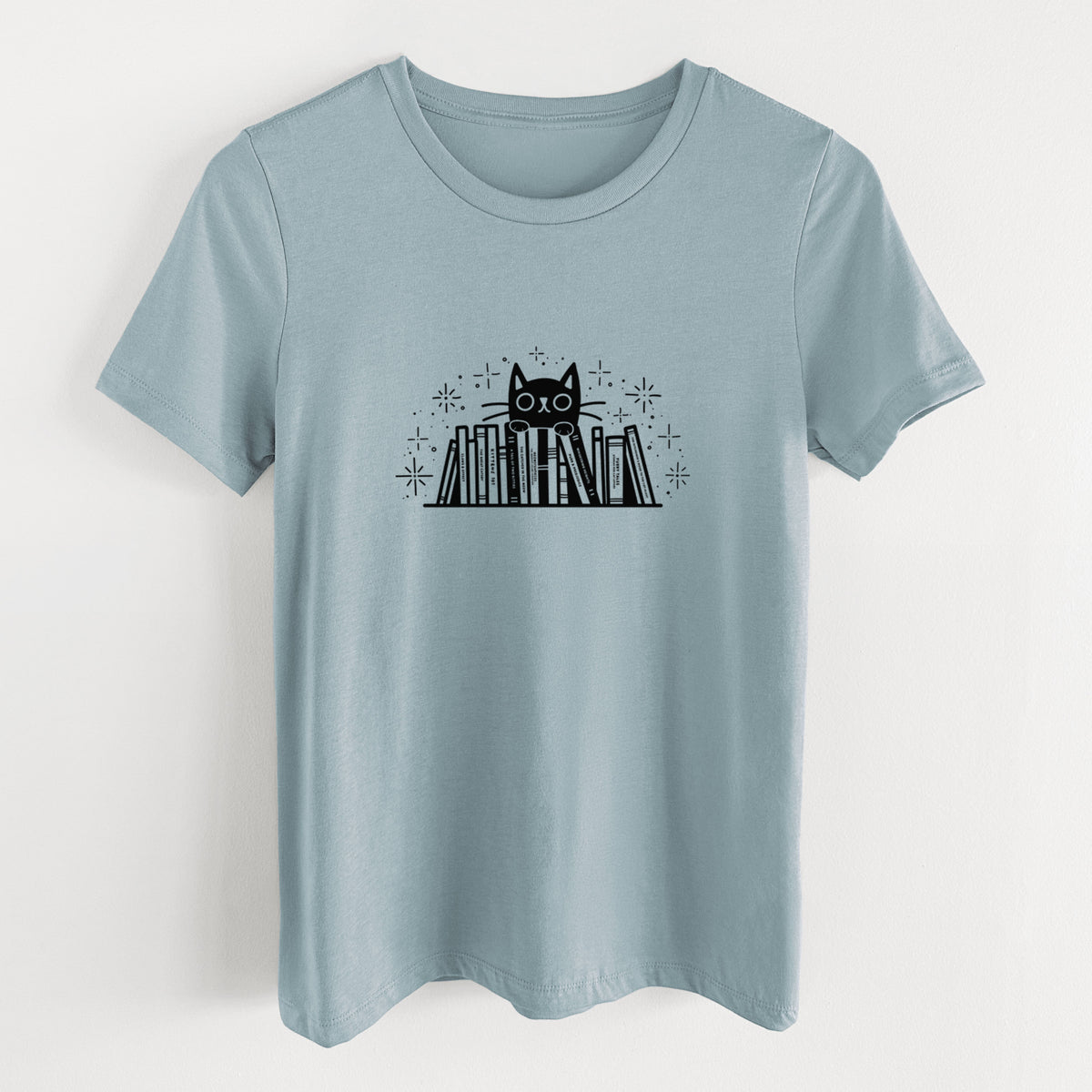 Kitty Library - Black Cat Behind Books - Women's Lightweight Relaxed Fit 100% Cotton Crewneck