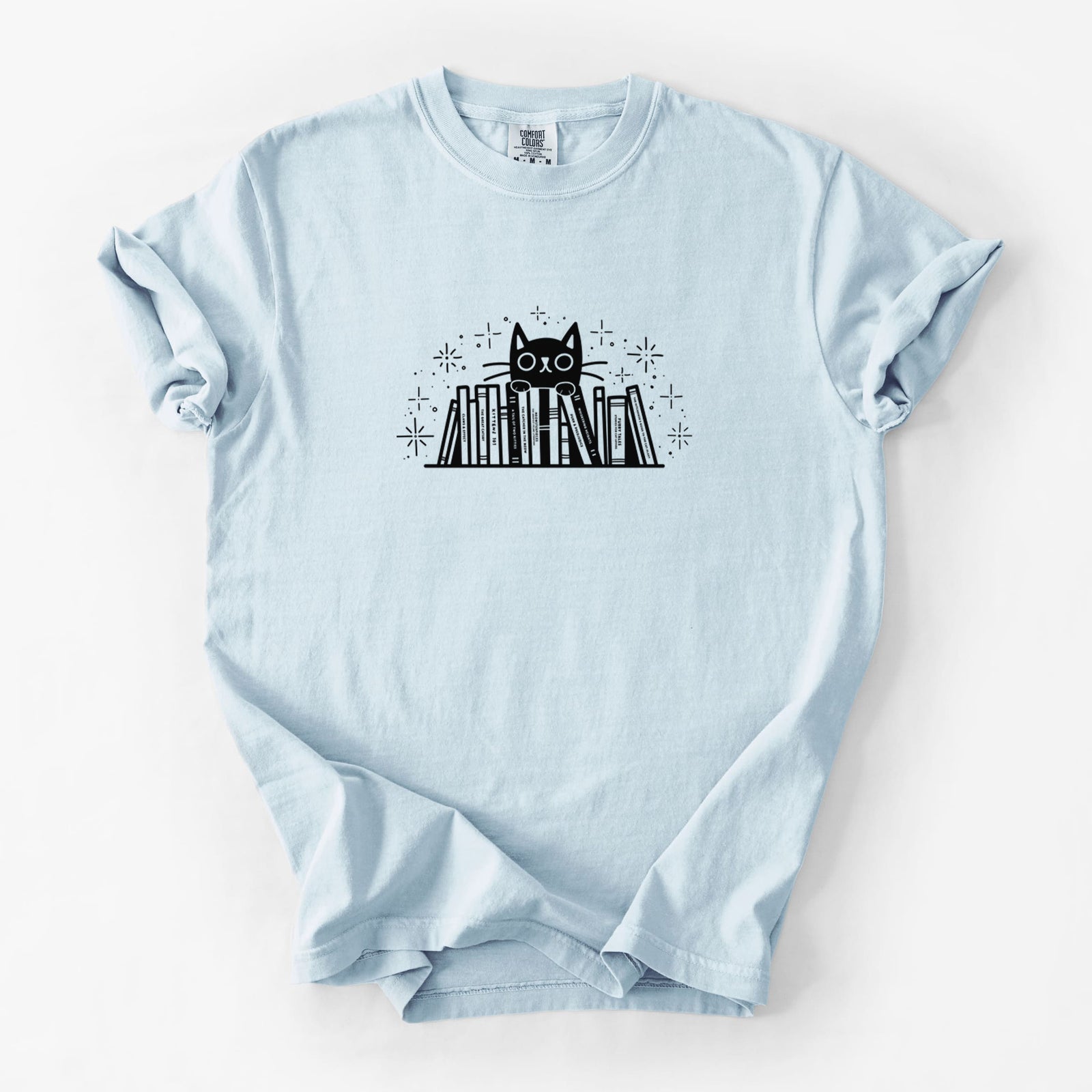 Kitty Library - Black Cat Behind Books - Unisex Comfort Colors Garment-Dyed Heavyweight T-shirt in Chambray