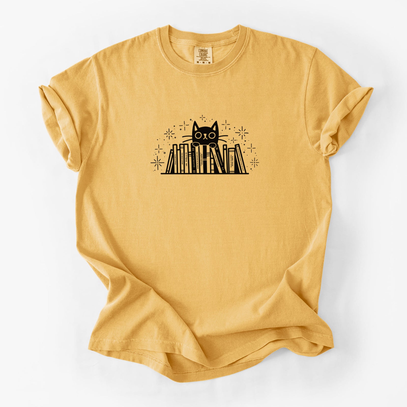 Kitty Library - Black Cat Behind Books - Unisex Comfort Colors Garment-Dyed Heavyweight T-shirt in Golden Wheat