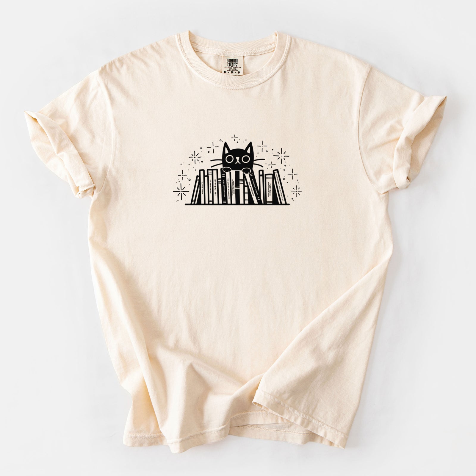 Kitty Library - Black Cat Behind Books - Unisex Comfort Colors Garment-Dyed Heavyweight T-shirt in Ivory