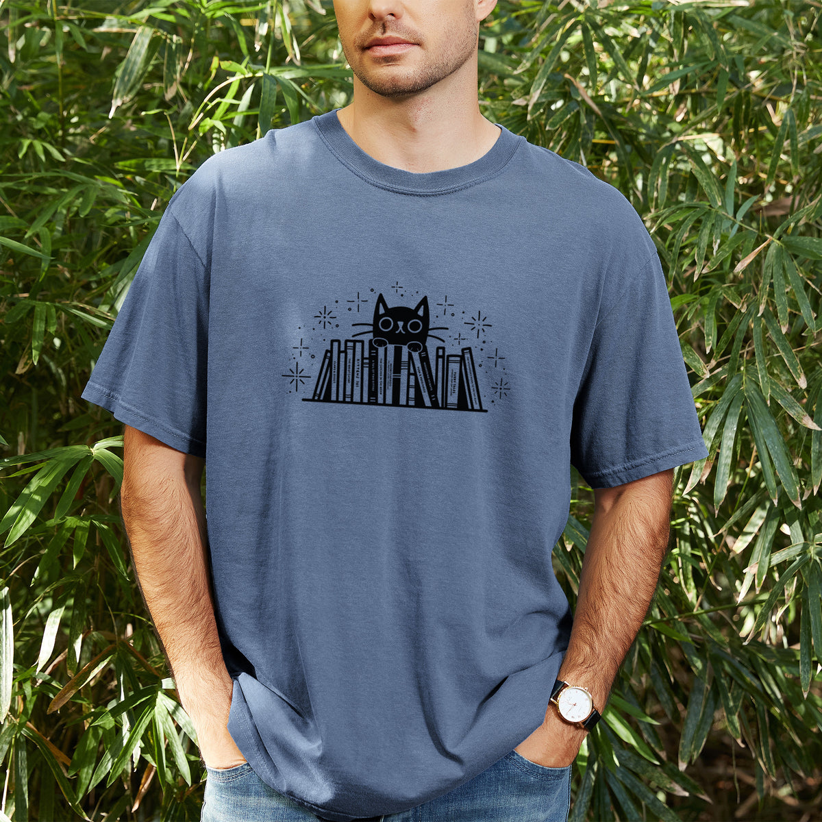 Kitty Library - Black Cat Behind Books - Unisex Comfort Colors Garment-Dyed Heavyweight T-shirt, worn by model