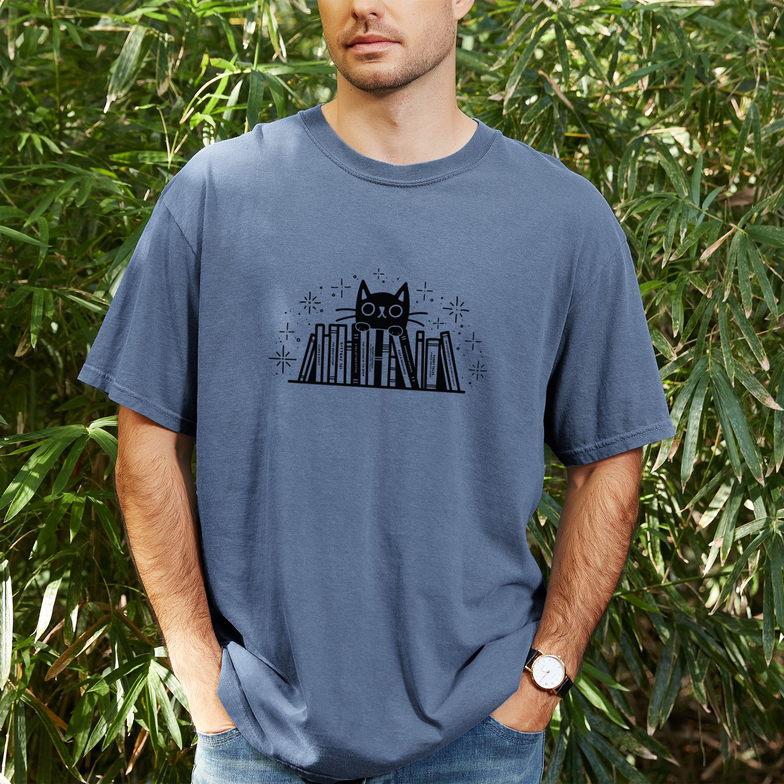Kitty Library - Black Cat Behind Books - Unisex Comfort Colors Garment-Dyed Heavyweight T-shirt, worn by model