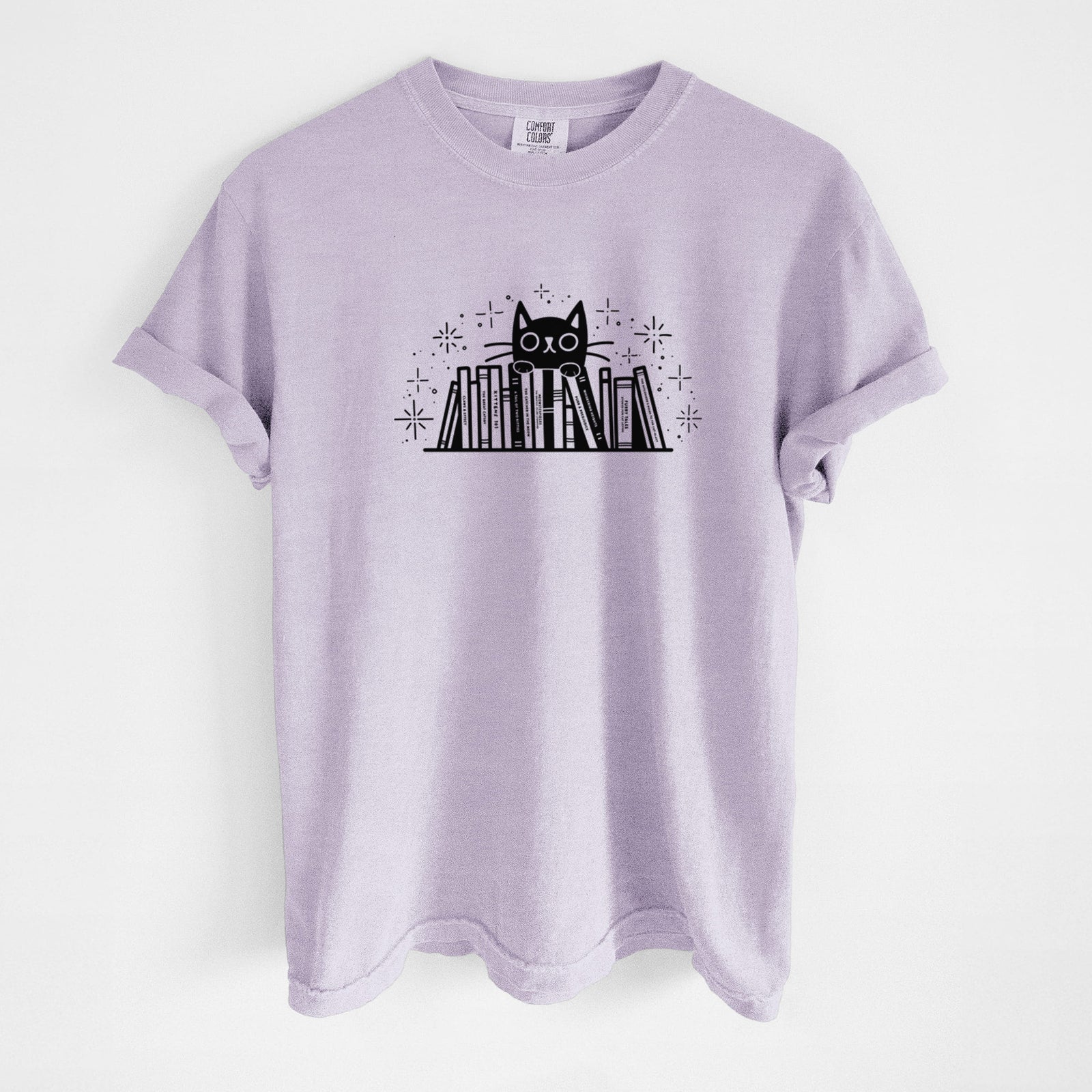 Kitty Library - Black Cat Behind Books - Unisex Comfort Colors Garment-Dyed Heavyweight T-shirt in Orchid