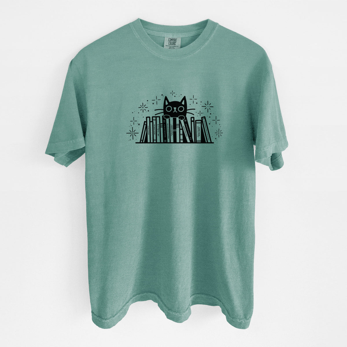 Kitty Library - Black Cat Behind Books - Unisex Comfort Colors Garment-Dyed Heavyweight T-shirt in Reef Green