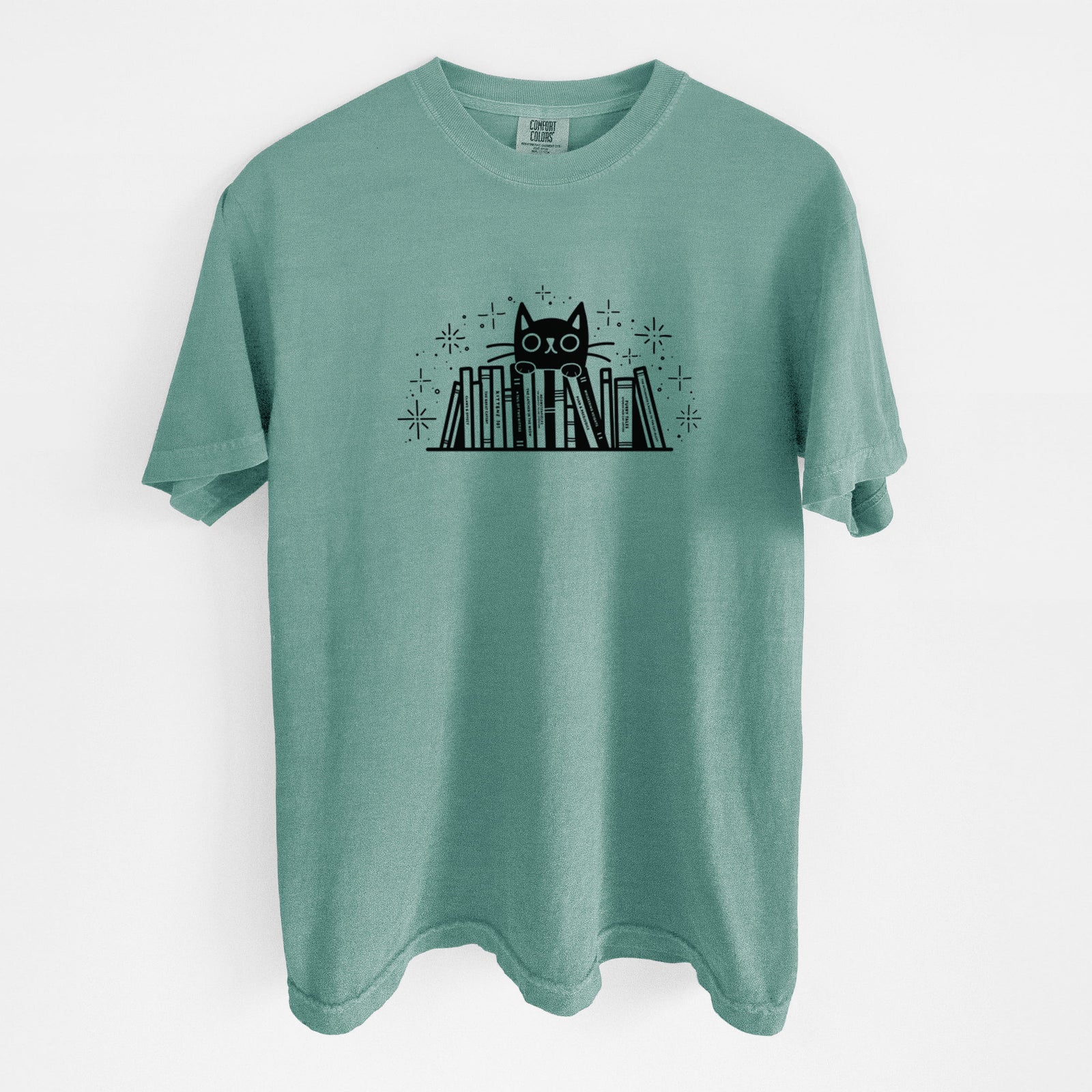 Kitty Library - Black Cat Behind Books - Unisex Comfort Colors Garment-Dyed Heavyweight T-shirt in Reef Green