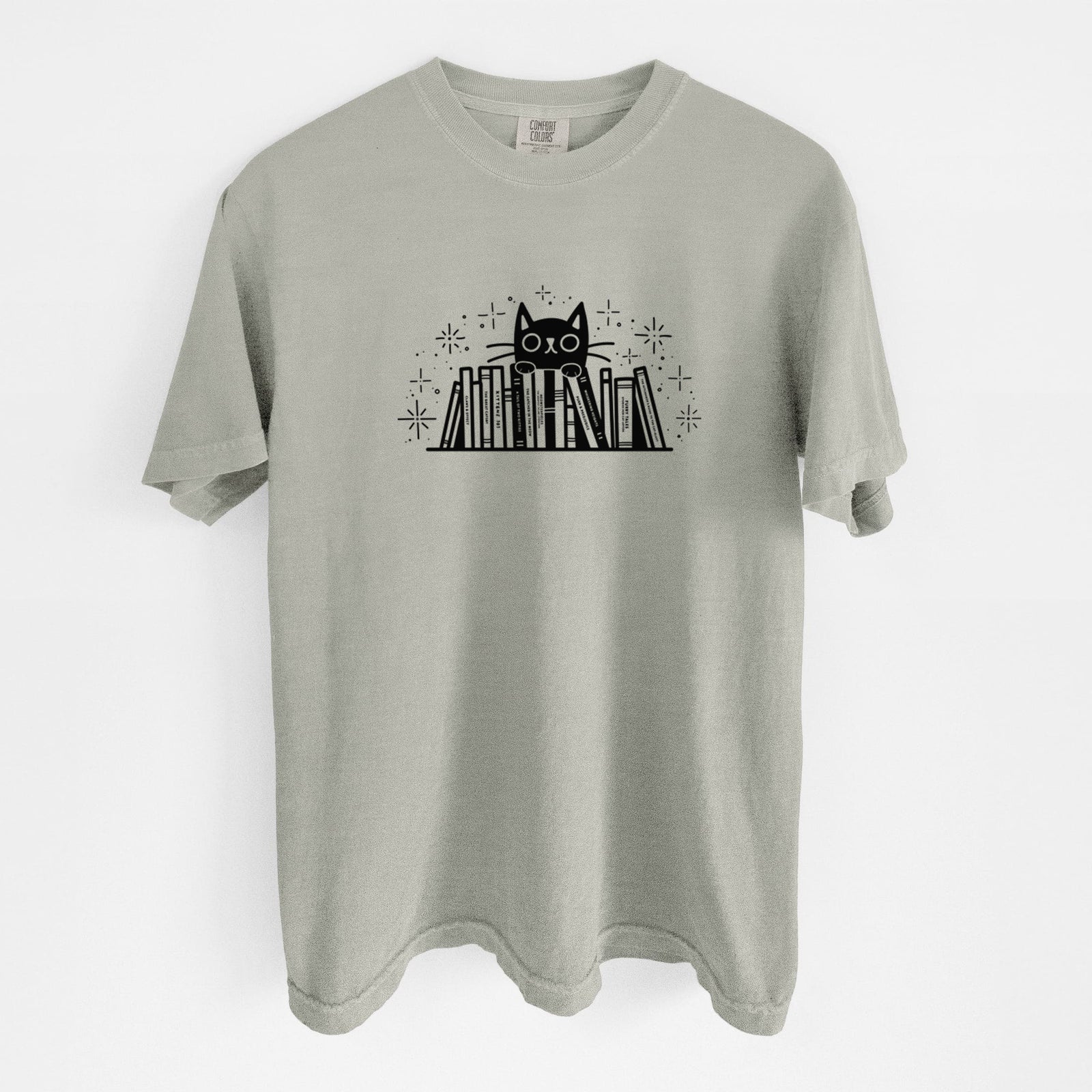 Kitty Library - Black Cat Behind Books - Unisex Comfort Colors Garment-Dyed Heavyweight T-shirt in Sandstone