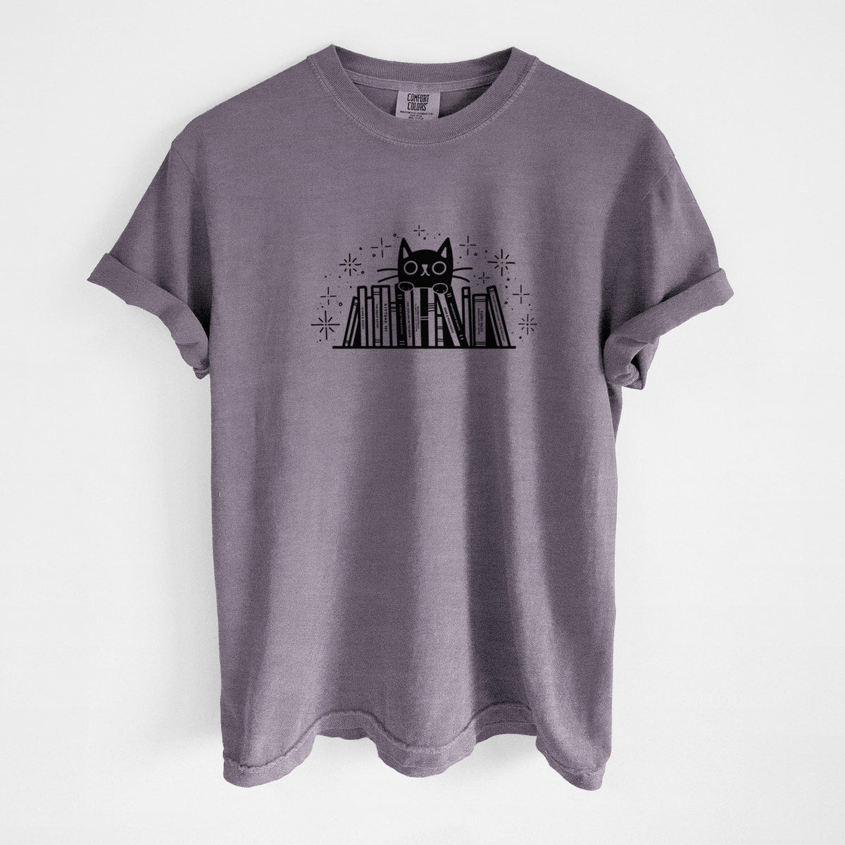 Kitty Library - Black Cat Behind Books - Unisex Comfort Colors Garment-Dyed Heavyweight T-shirt in Wine