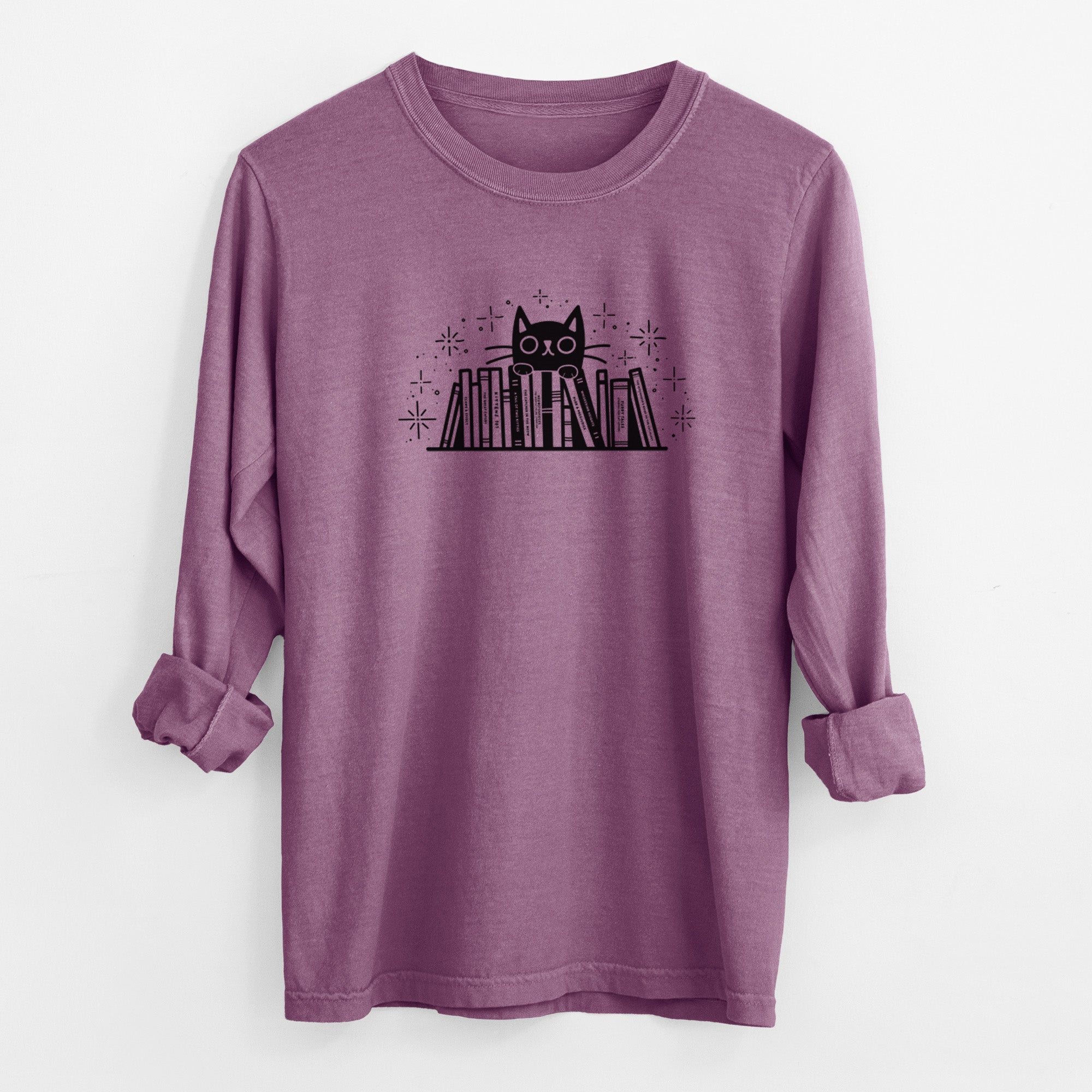 Kitty Library - Black Cat Behind Books - Men's Heavyweight 100% Cotton Long Sleeve