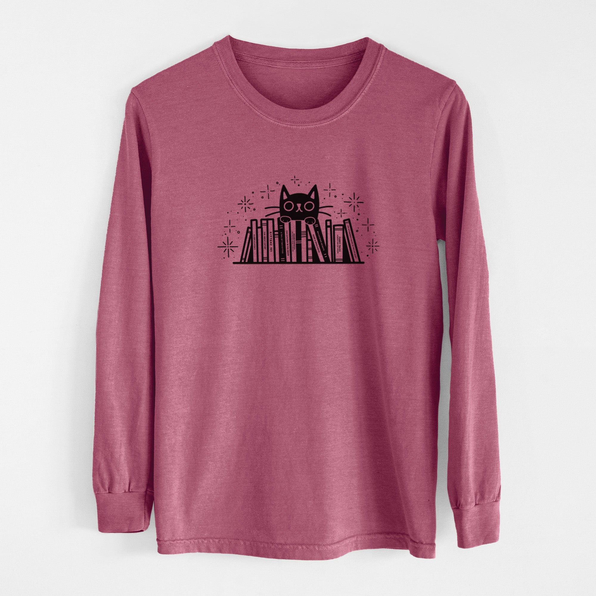 Kitty Library - Black Cat Behind Books - Men's Heavyweight 100% Cotton Long Sleeve