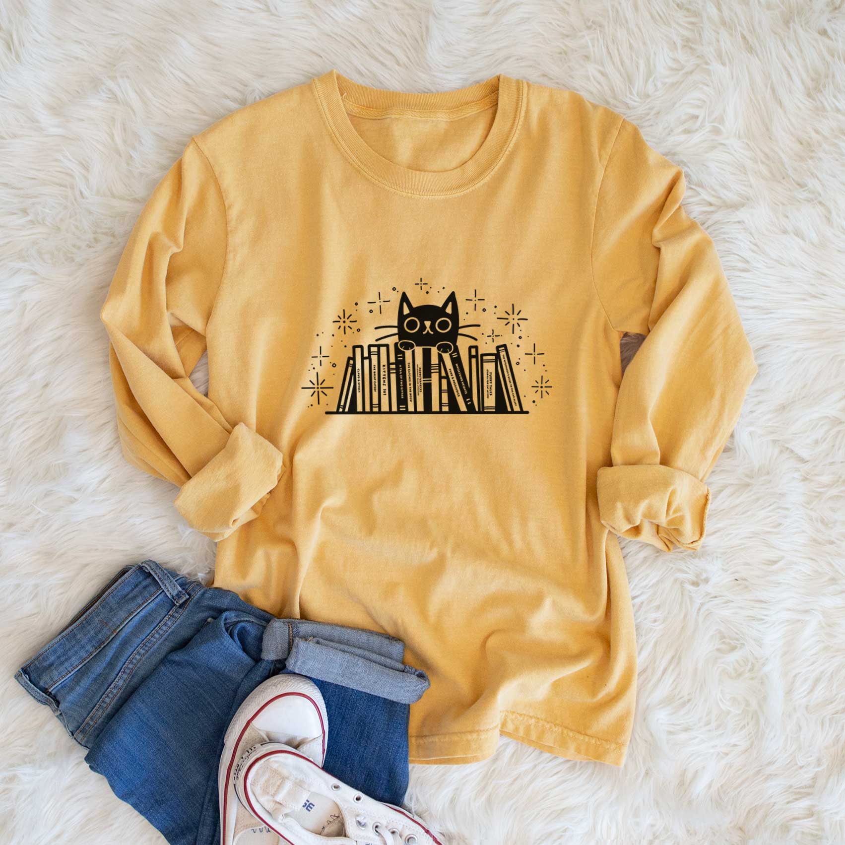 Kitty Library - Black Cat Behind Books - Men's Heavyweight 100% Cotton Long Sleeve