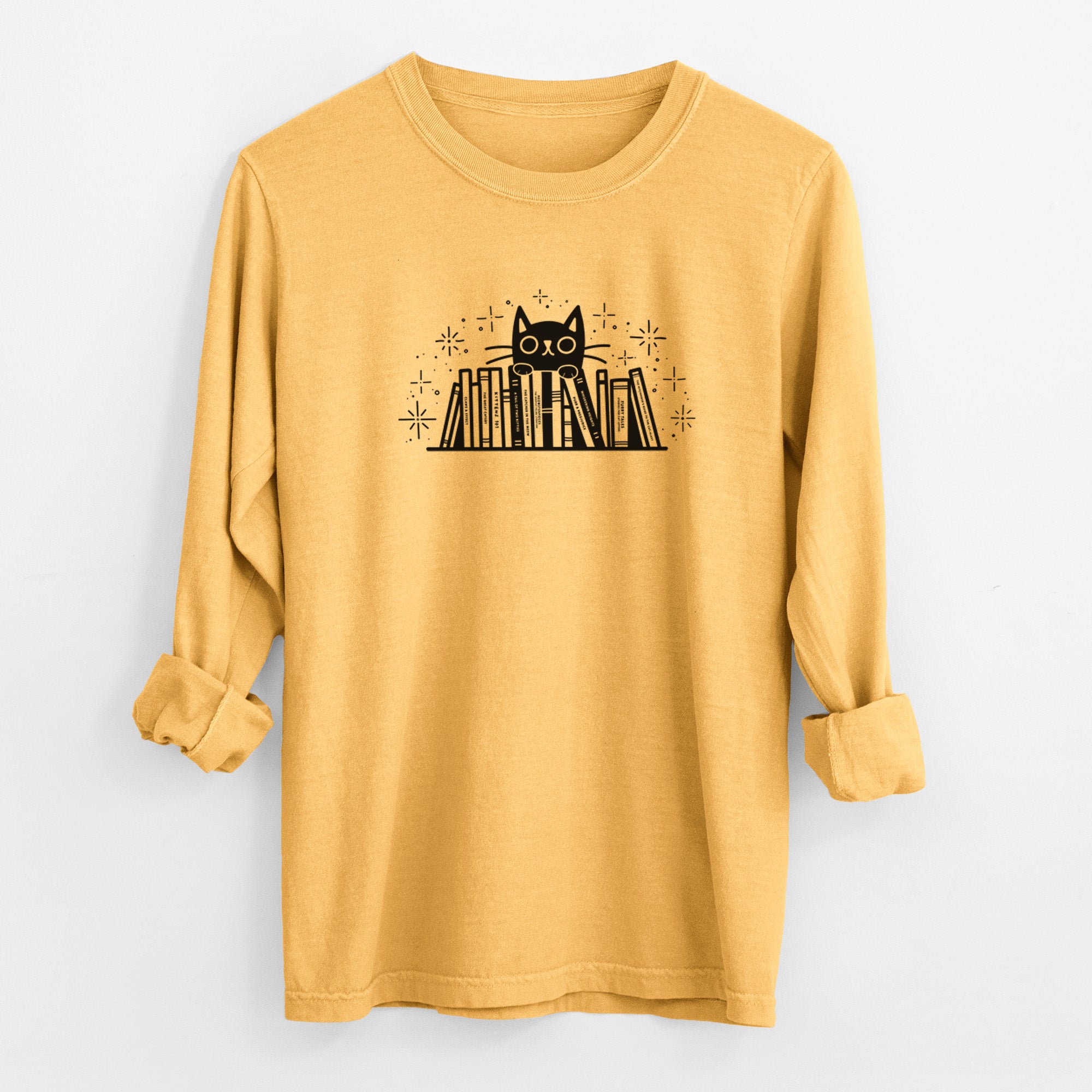 Kitty Library - Black Cat Behind Books - Men's Heavyweight 100% Cotton Long Sleeve