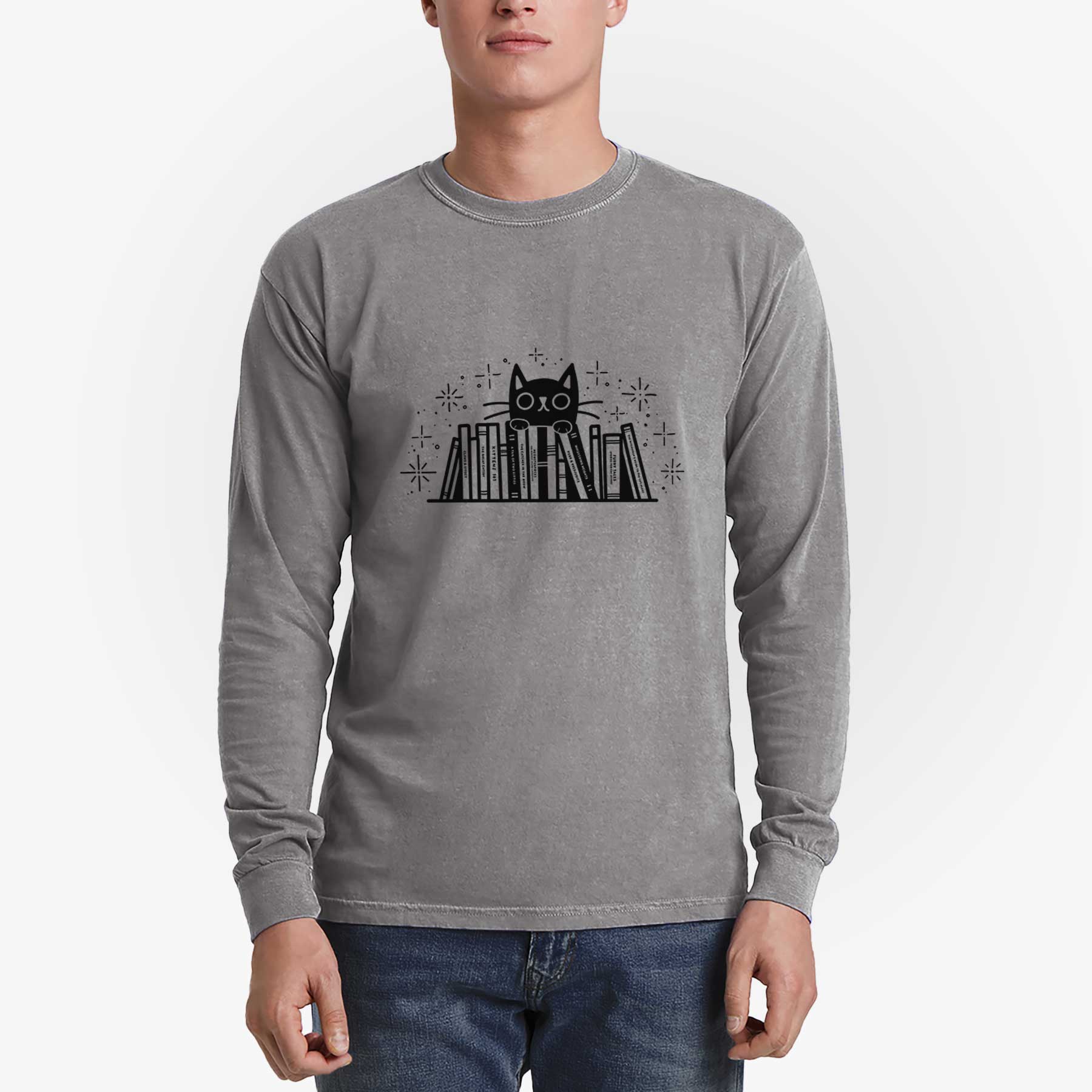 Kitty Library - Black Cat Behind Books - Men's Heavyweight 100% Cotton Long Sleeve