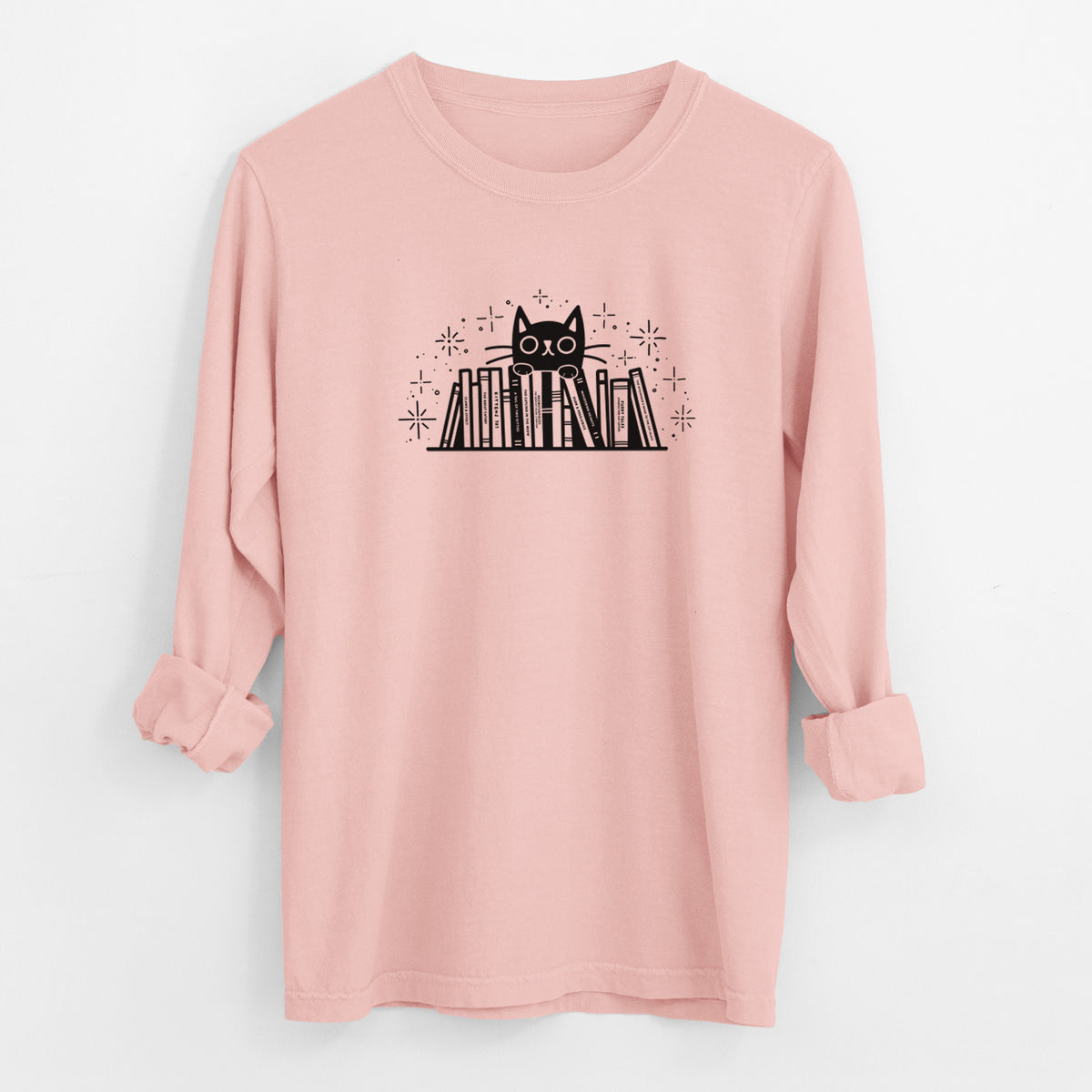 Kitty Library - Black Cat Behind Books - Men's Heavyweight 100% Cotton Long Sleeve