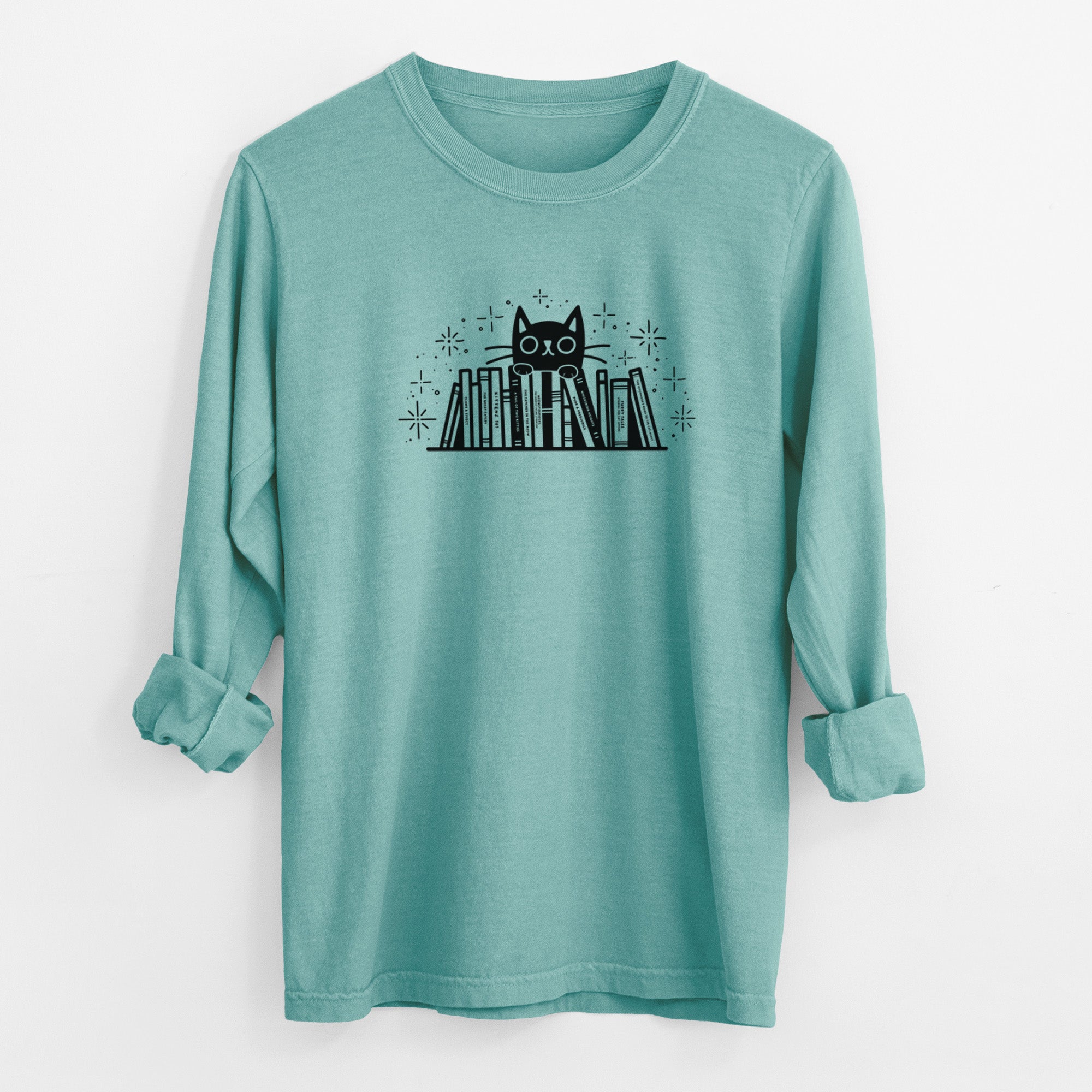 Kitty Library - Black Cat Behind Books - Men's Heavyweight 100% Cotton Long Sleeve