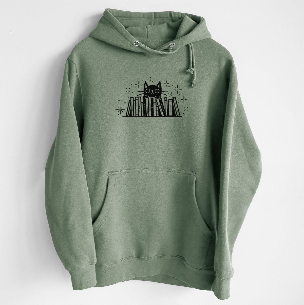 Kitty Library - Black Cat Behind Books - Heavyweight Fleece Hoodie