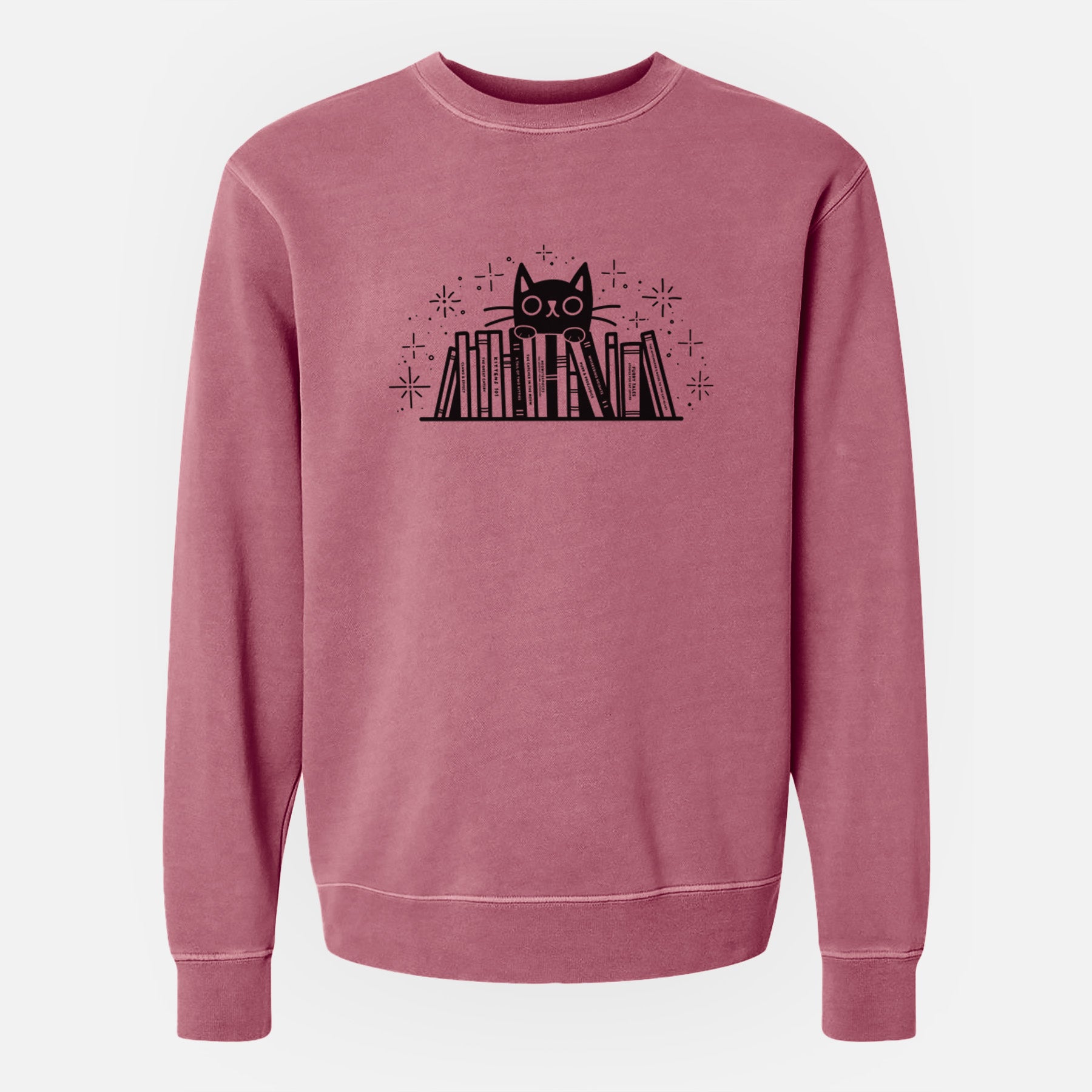 Kitty Library - Black Cat Behind Books - Unisex Pigment Dyed Crew Sweatshirt