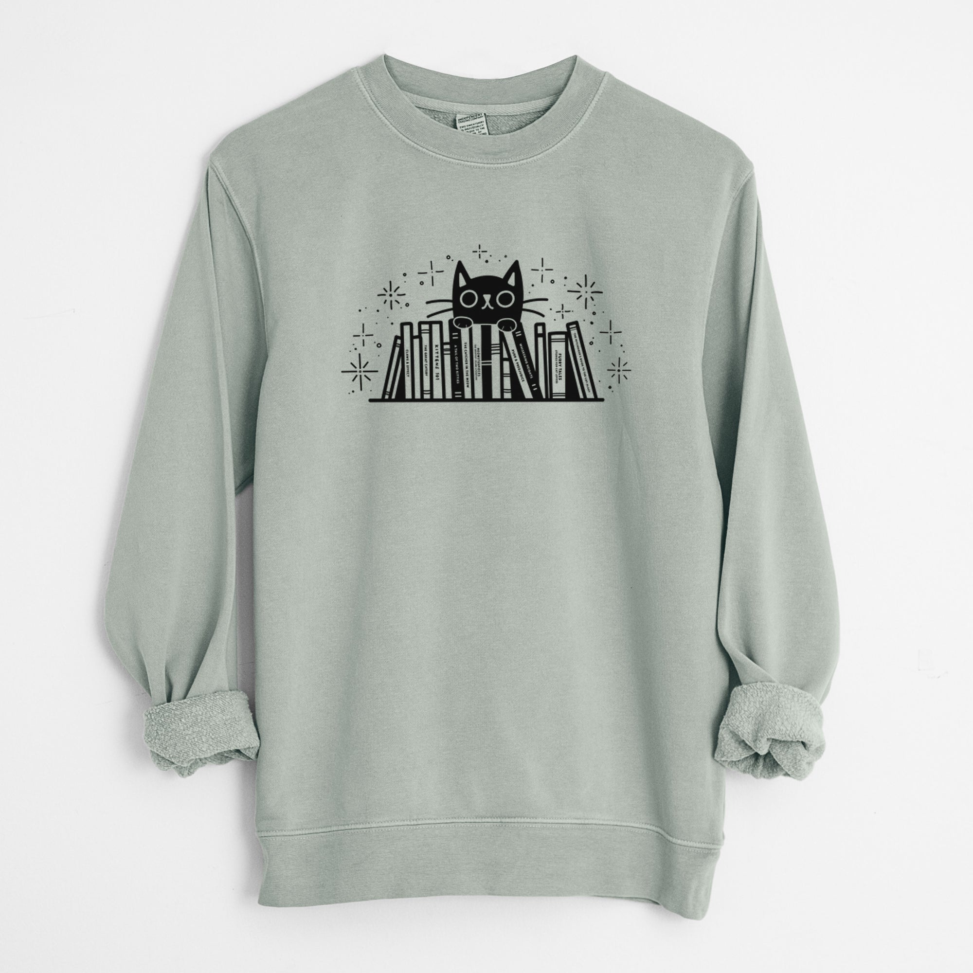 Kitty Library - Black Cat Behind Books - Unisex Pigment Dyed Crew Sweatshirt