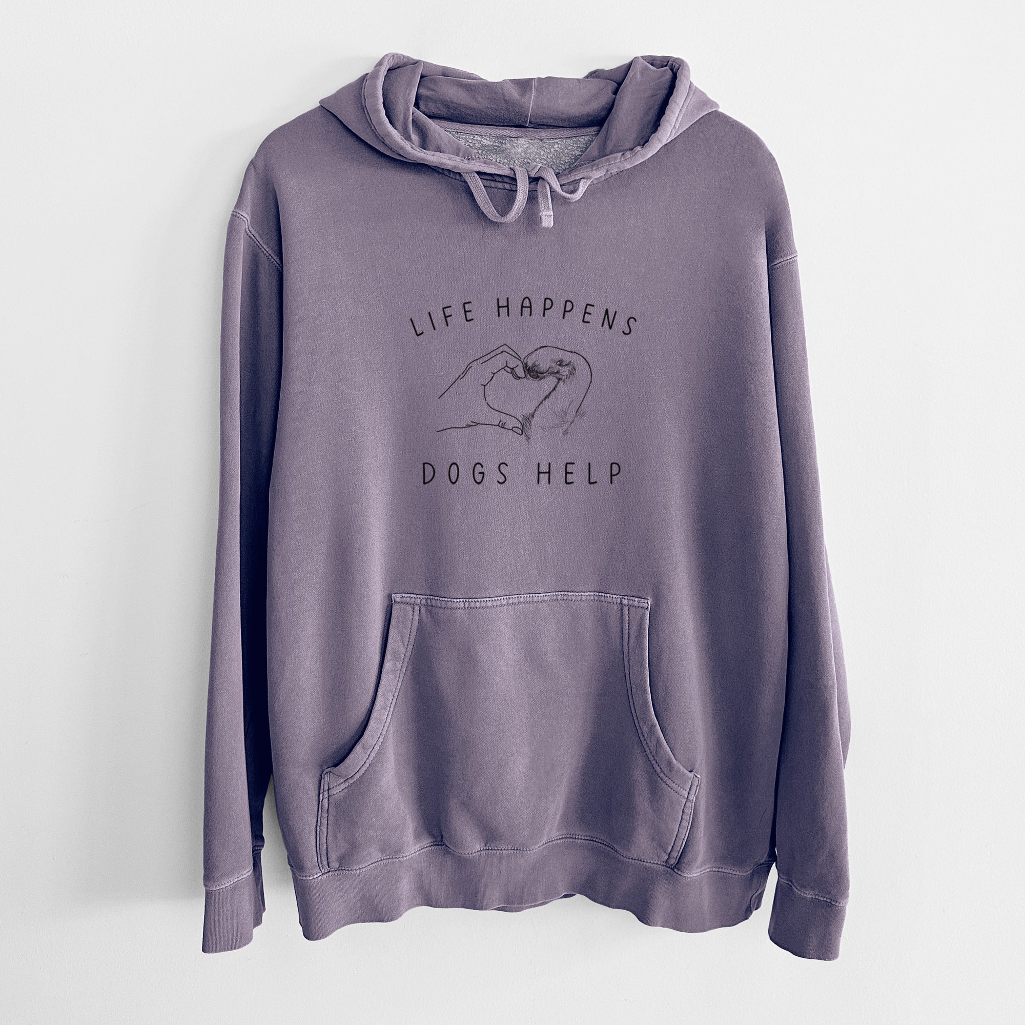 Life Happens Dogs Help - Paw Hand Heart - Unisex Pigment Dyed Hoodie