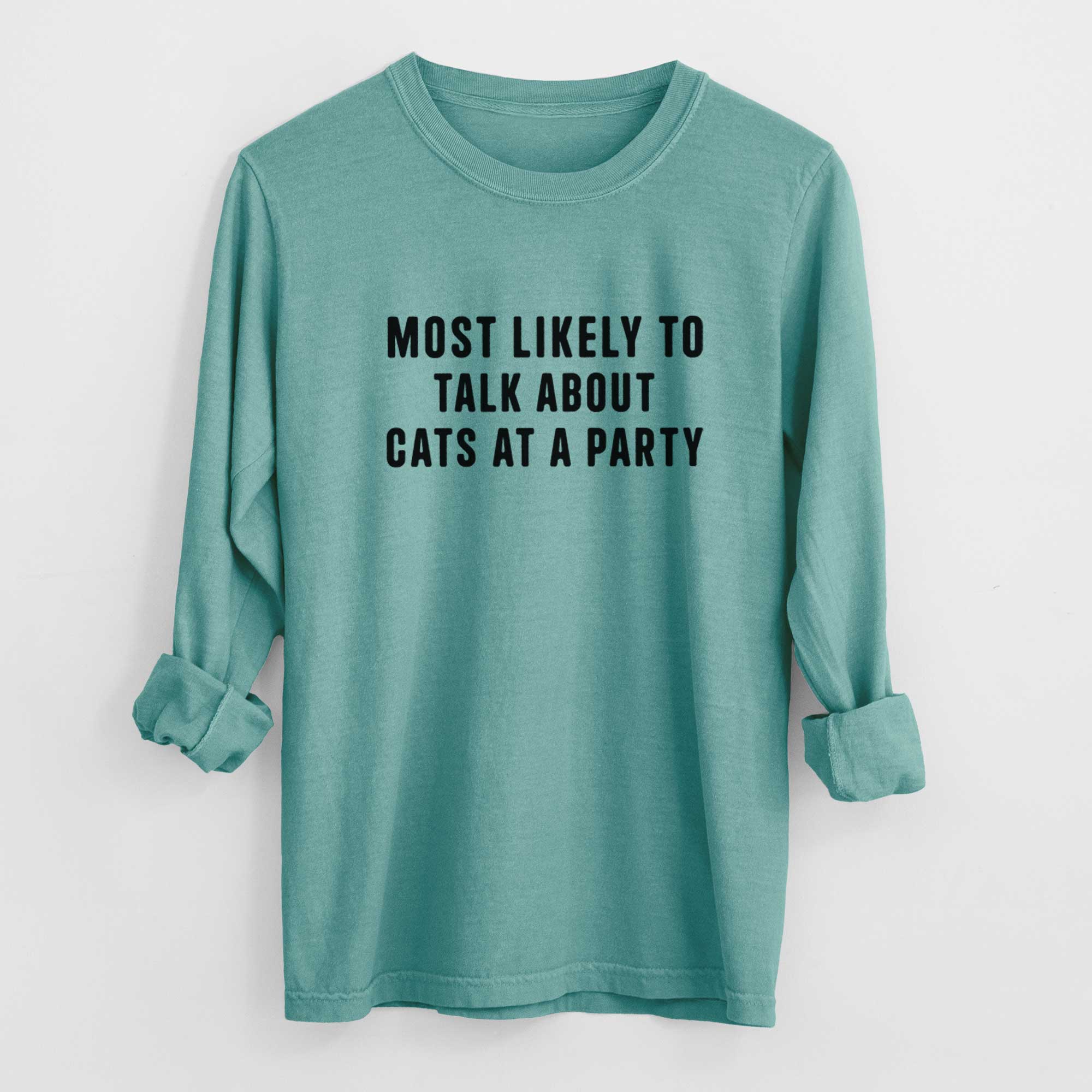 Most Likely to Talk About Cats at a Party - Men's Heavyweight 100% Cotton Long Sleeve