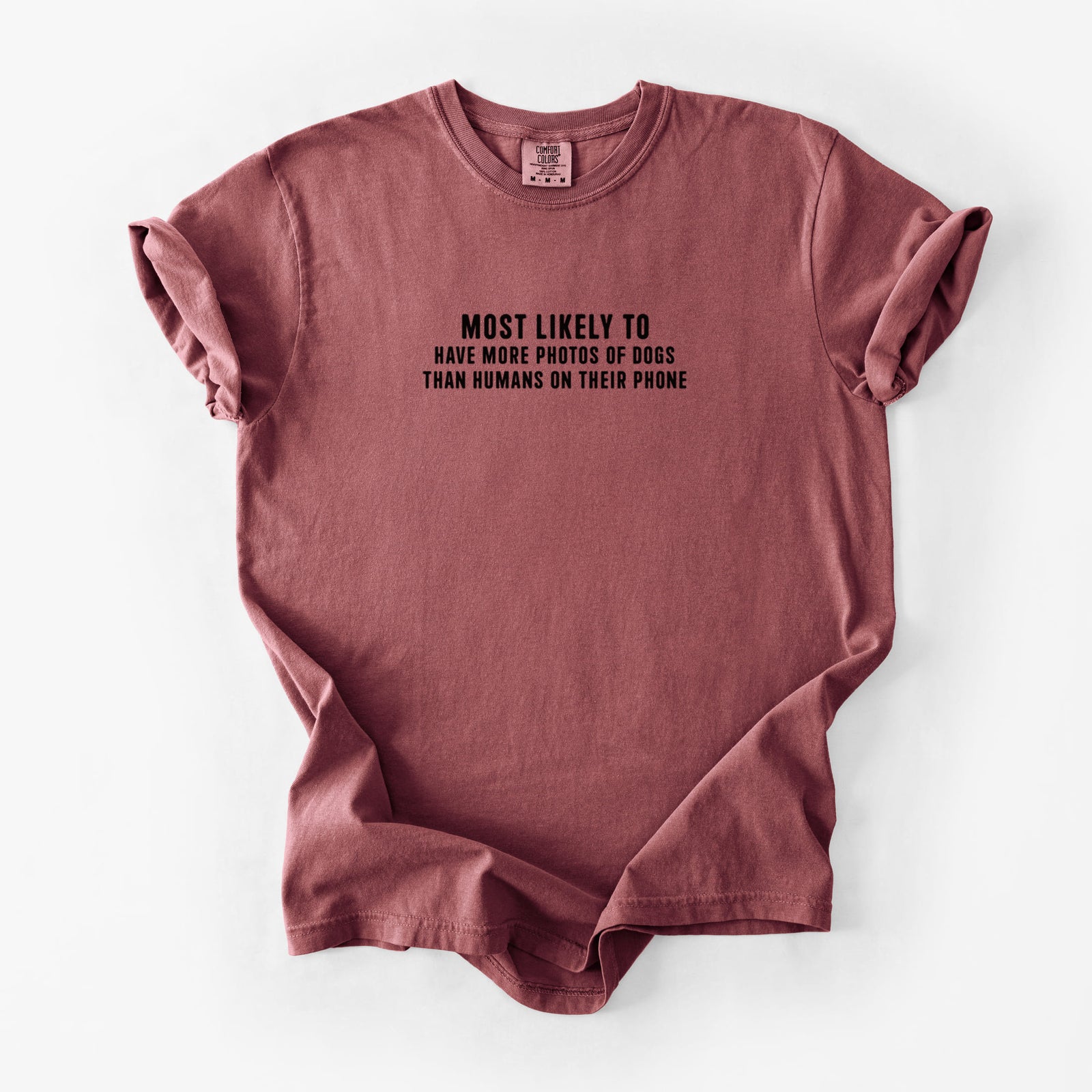 Most Likely to Have More Photos of Dogs than Humans on their Phone - Unisex Comfort Colors Garment-Dyed Heavyweight T-shirt in Brick