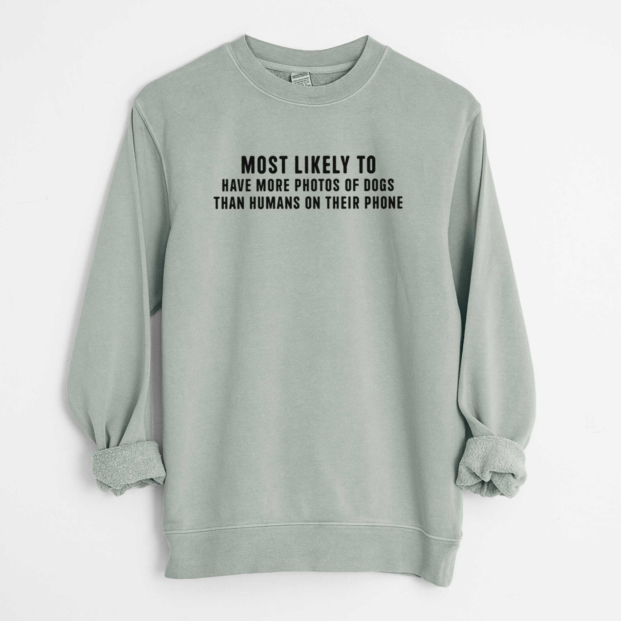 Most Likely to Have More Photos of Dogs than Humans on their Phone - Unisex Pigment Dyed Crew Sweatshirt