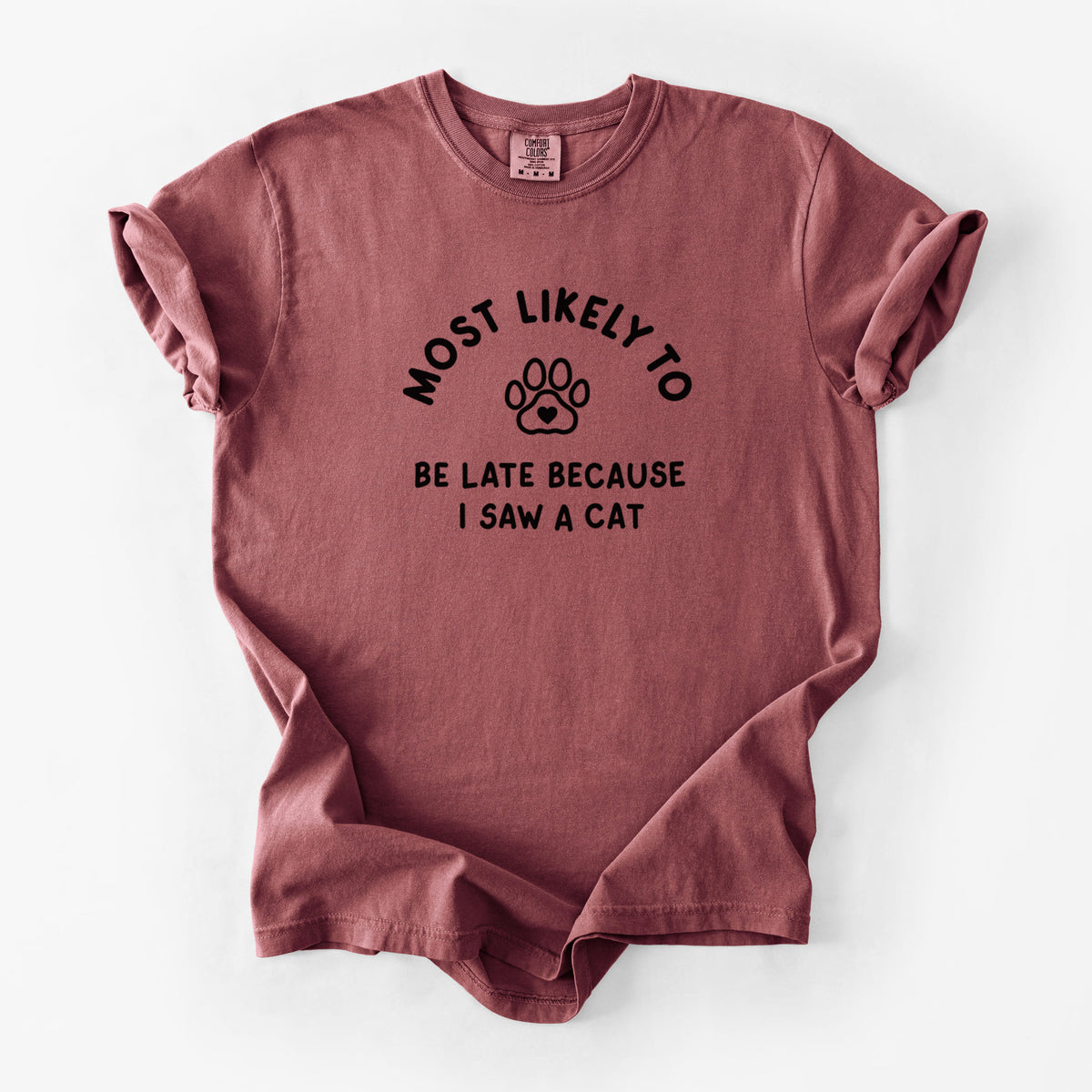 Most Likely to Be Late Because I Saw a Cat - Unisex Comfort Colors Garment-Dyed Heavyweight T-shirt in Brick