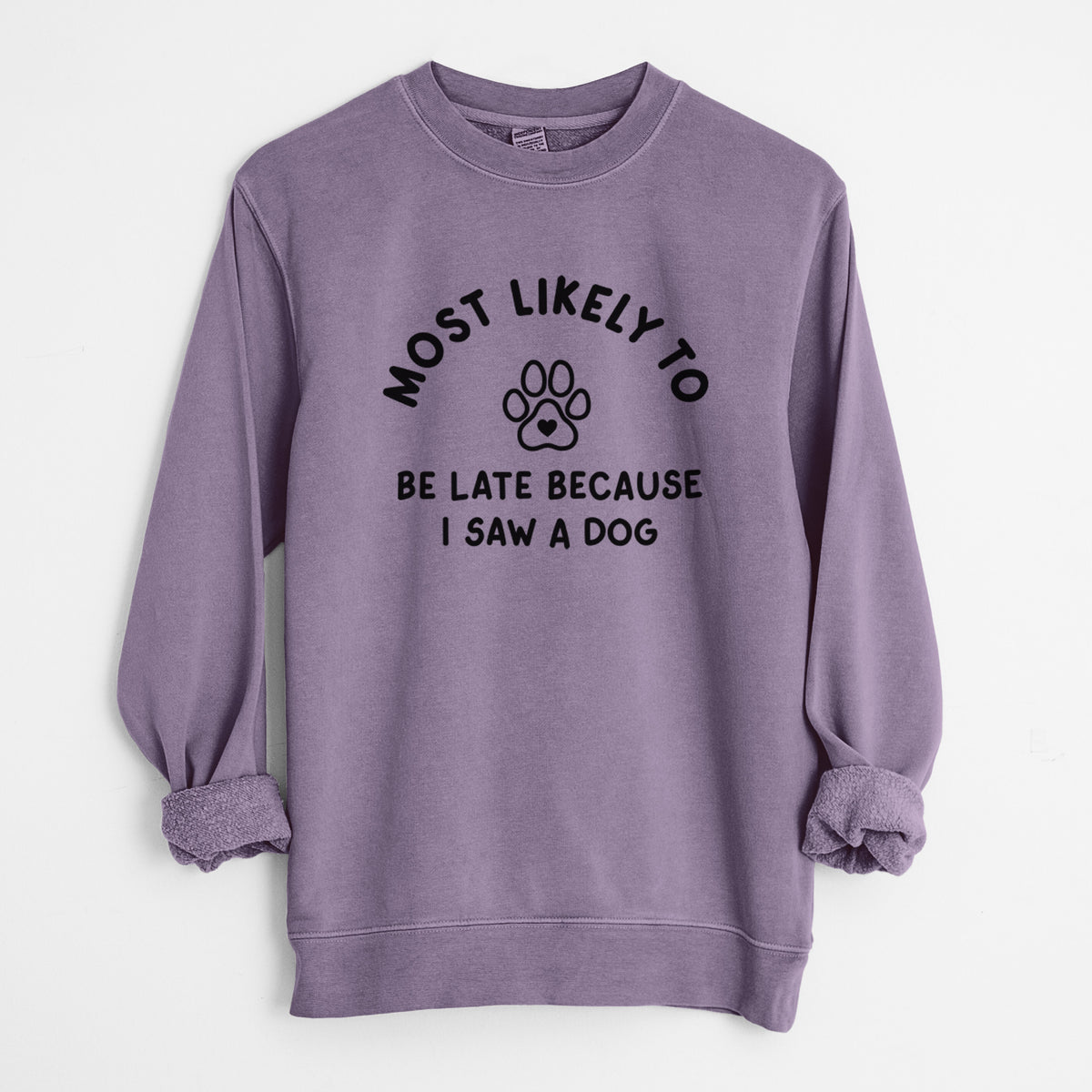 Most Likely to Be Late Because I Saw a Dog - Unisex Pigment Dyed Crew Sweatshirt