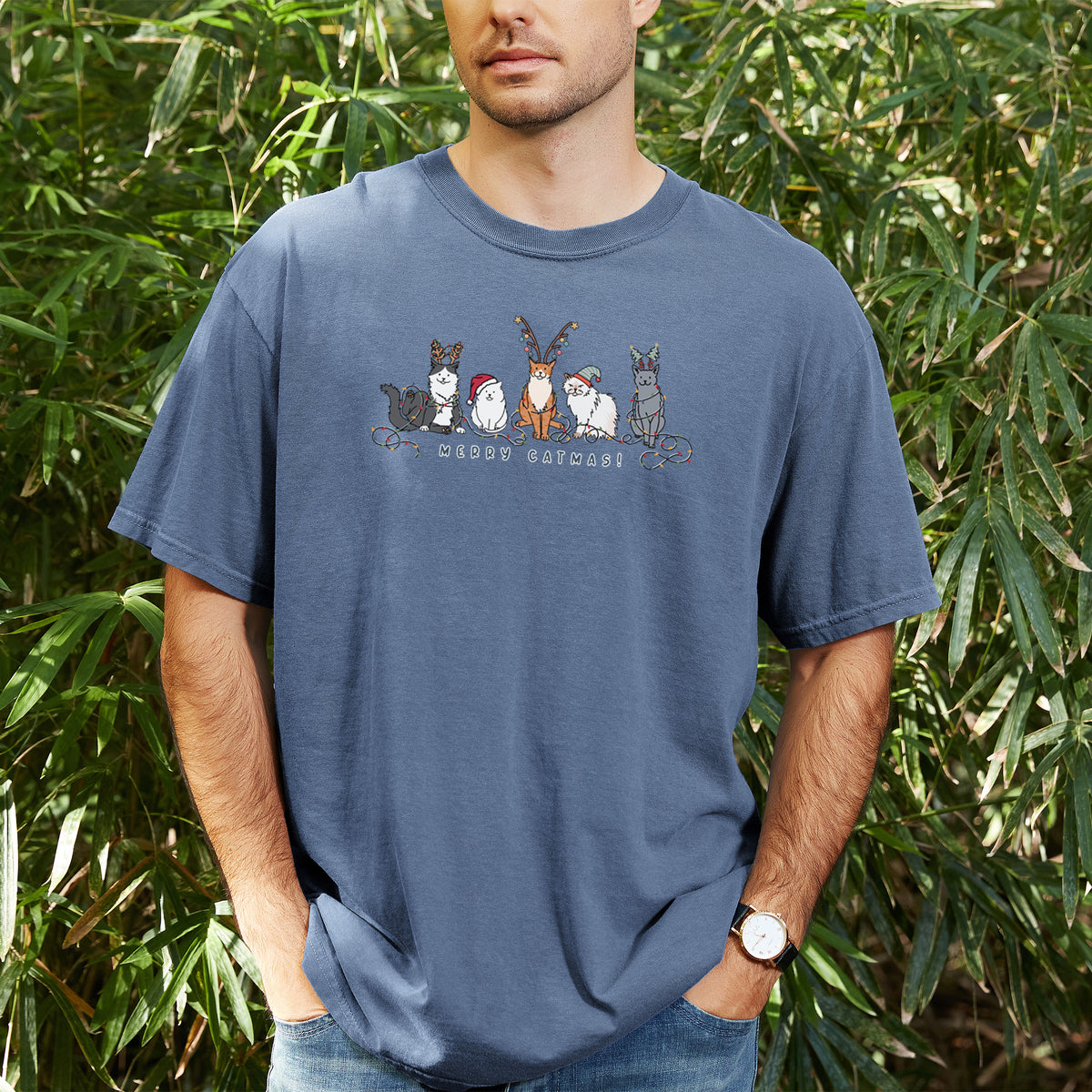 Merry Catmas - Unisex Comfort Colors Garment-Dyed Heavyweight T-shirt, worn by model