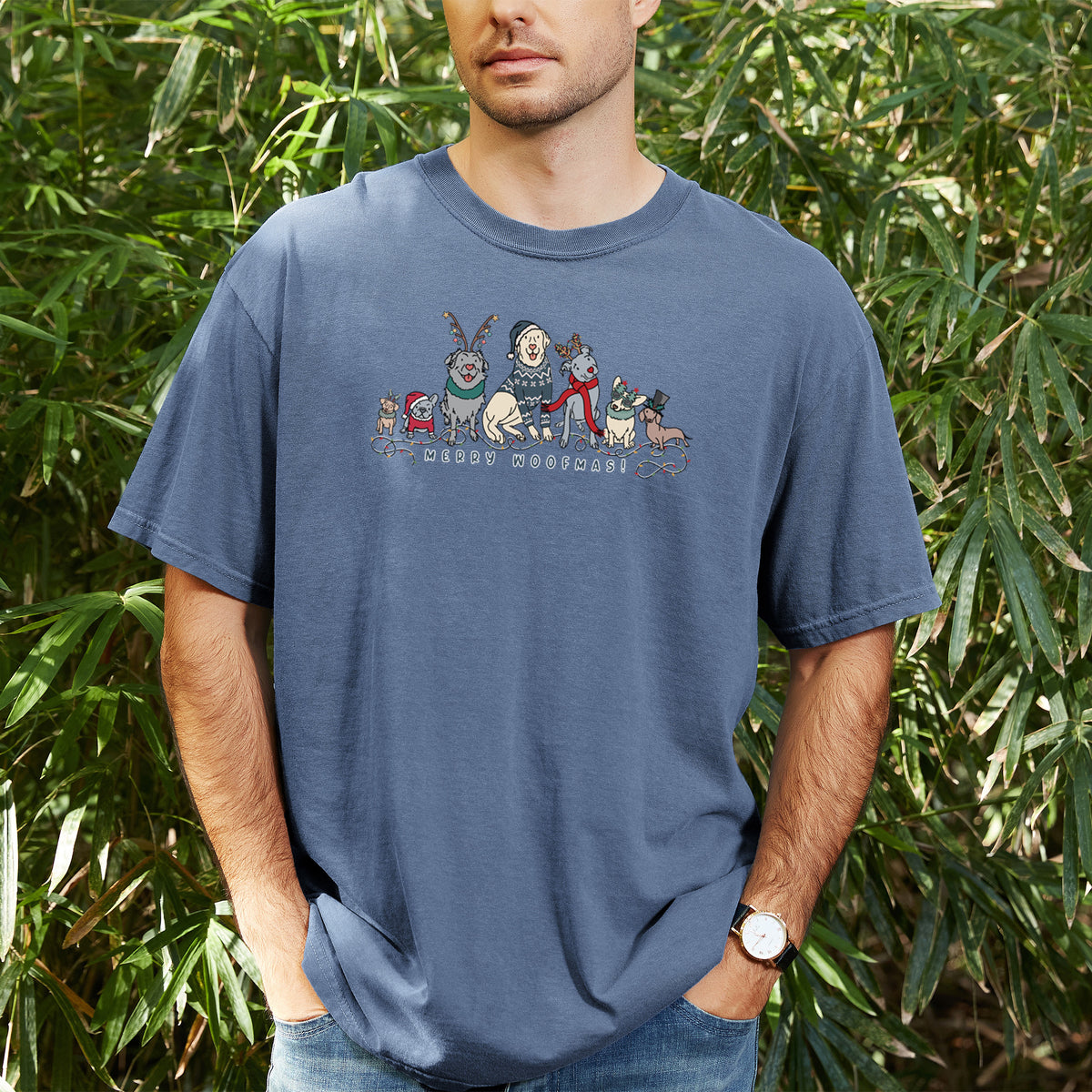 Merry Woofmas - Unisex Comfort Colors Garment-Dyed Heavyweight T-shirt, worn by model