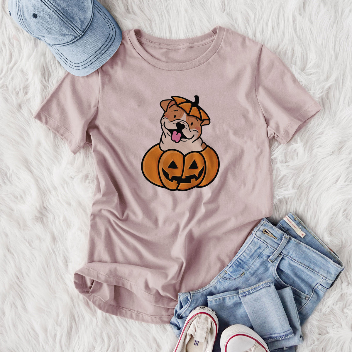 Pumpkin Pup - English Bulldog - Women's Lightweight Relaxed Fit 100% Cotton Crewneck