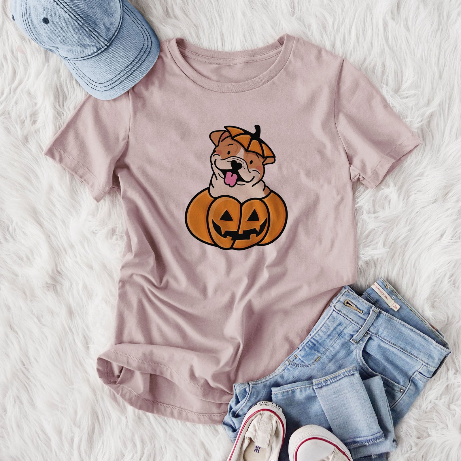 Pumpkin Pup - English Bulldog - Women's Lightweight Relaxed Fit 100% Cotton Crewneck