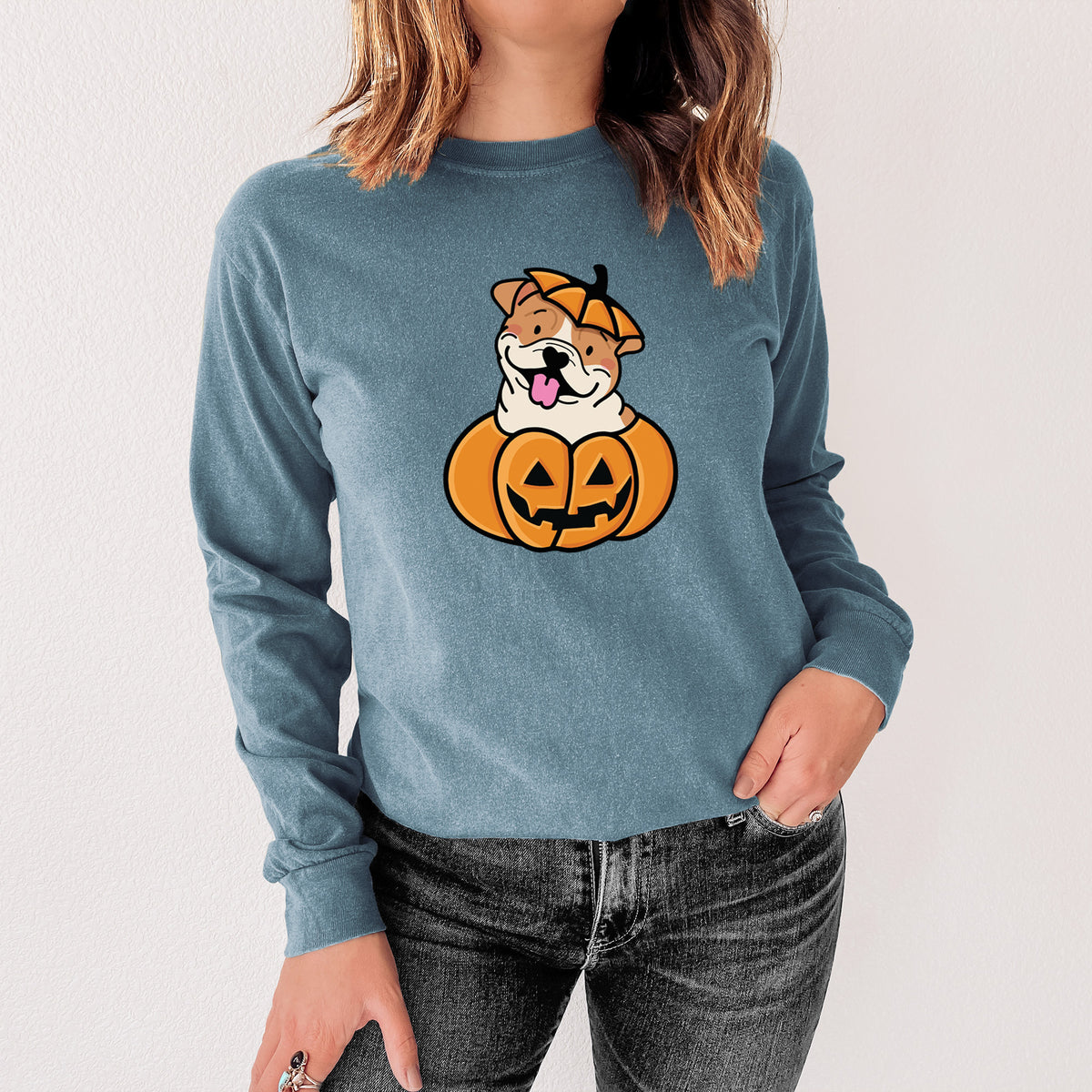 Pumpkin Pup - English Bulldog - Heavyweight 100% Cotton Long Sleeve