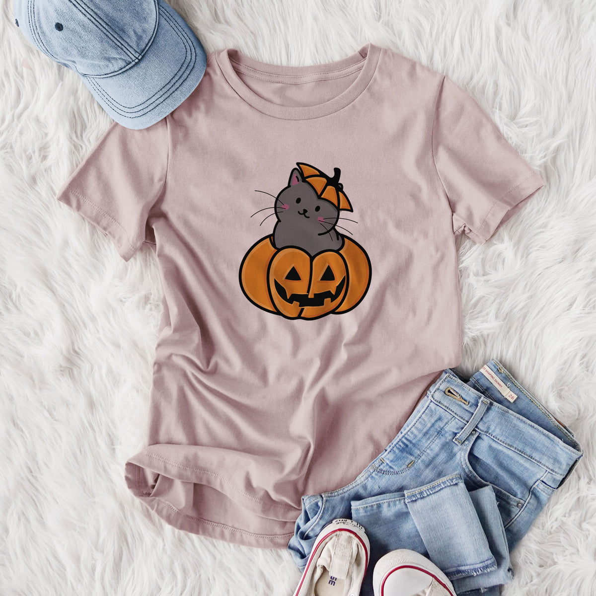 Pumpkin Cat - Black Cat - Women's Lightweight Relaxed Fit 100% Cotton Crewneck