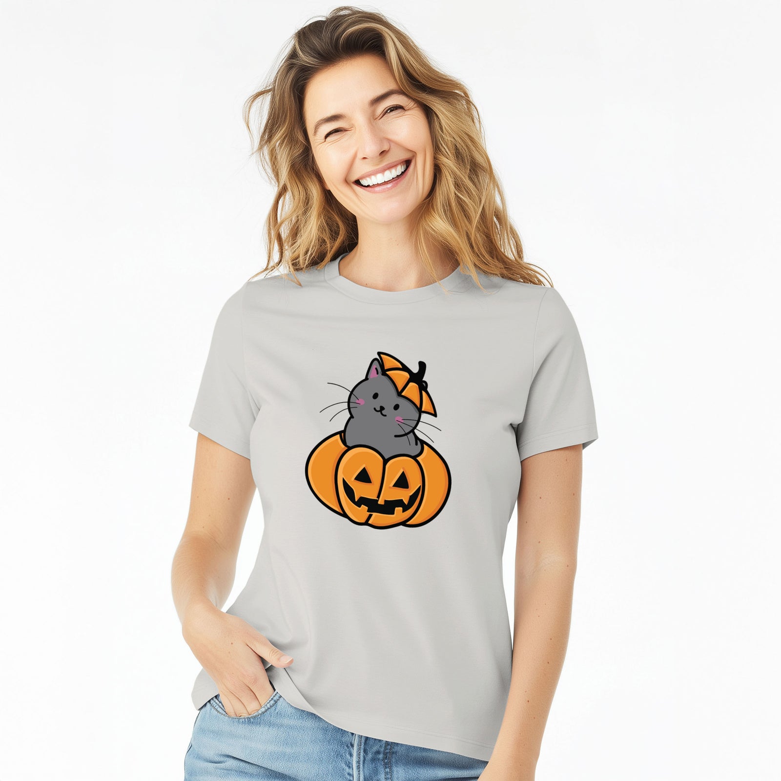 Pumpkin Cat - Black Cat - Women's Lightweight Relaxed Fit 100% Cotton Crewneck