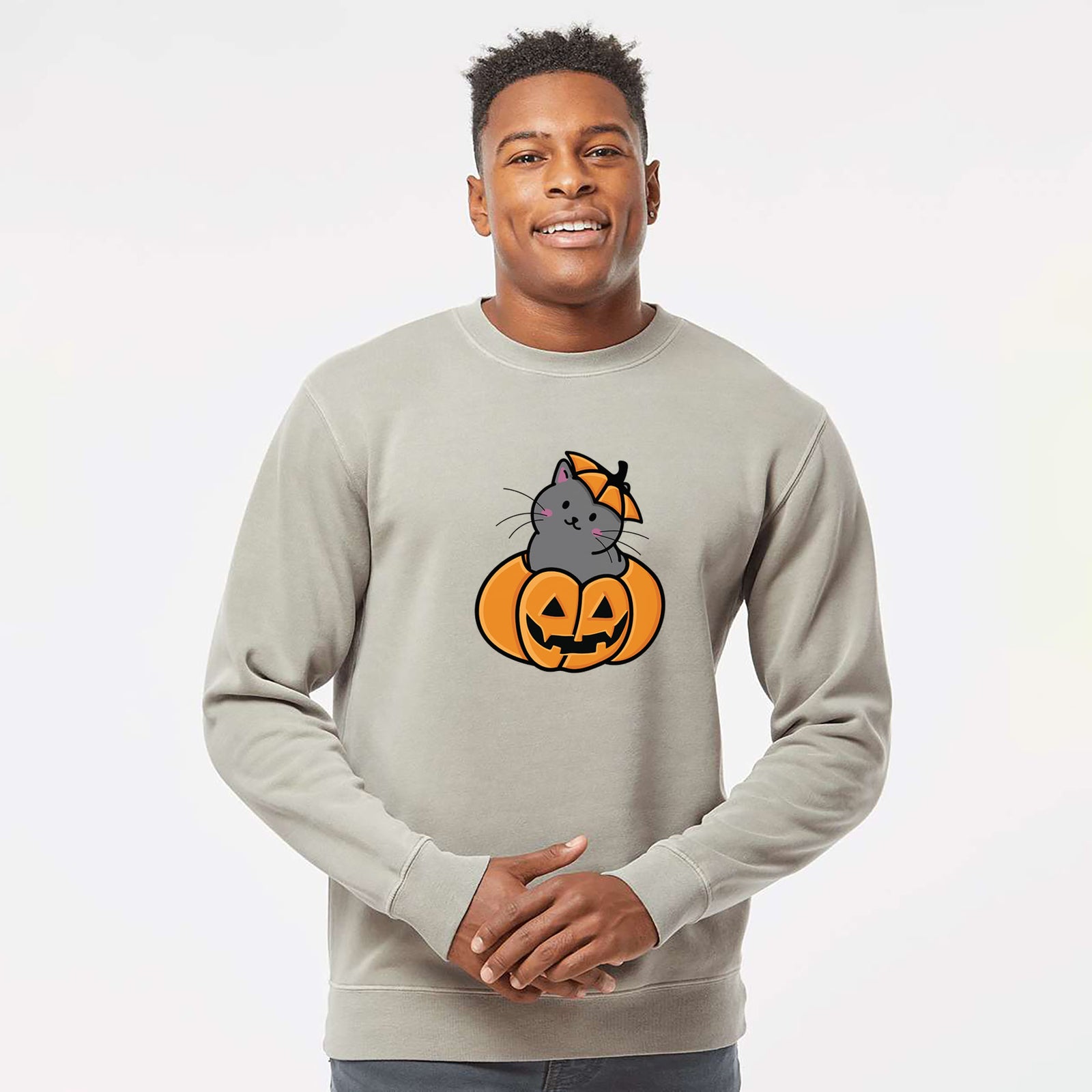 Pumpkin Cat - Black Cat - Unisex Pigment Dyed Crew Sweatshirt