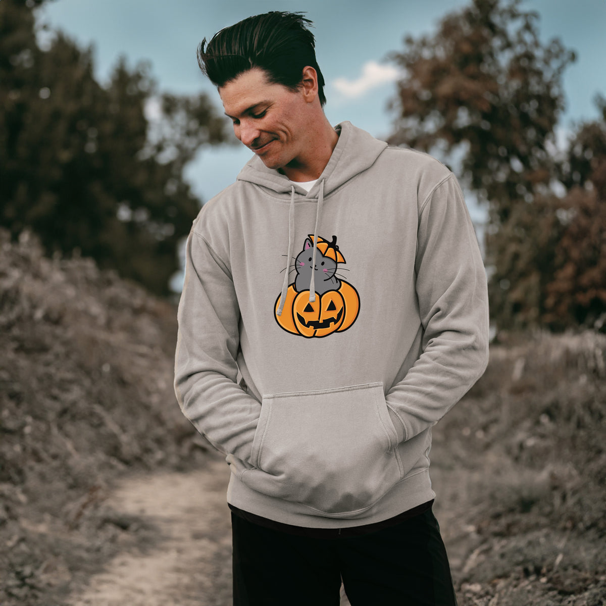 Pumpkin Cat - Black Cat - Unisex Pigment Dyed Hoodie