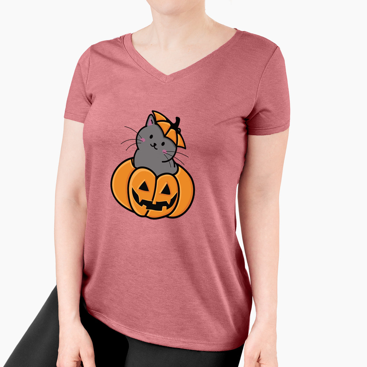 Pumpkin Cat - Black Cat - Women's Perfect V-neck Shirt