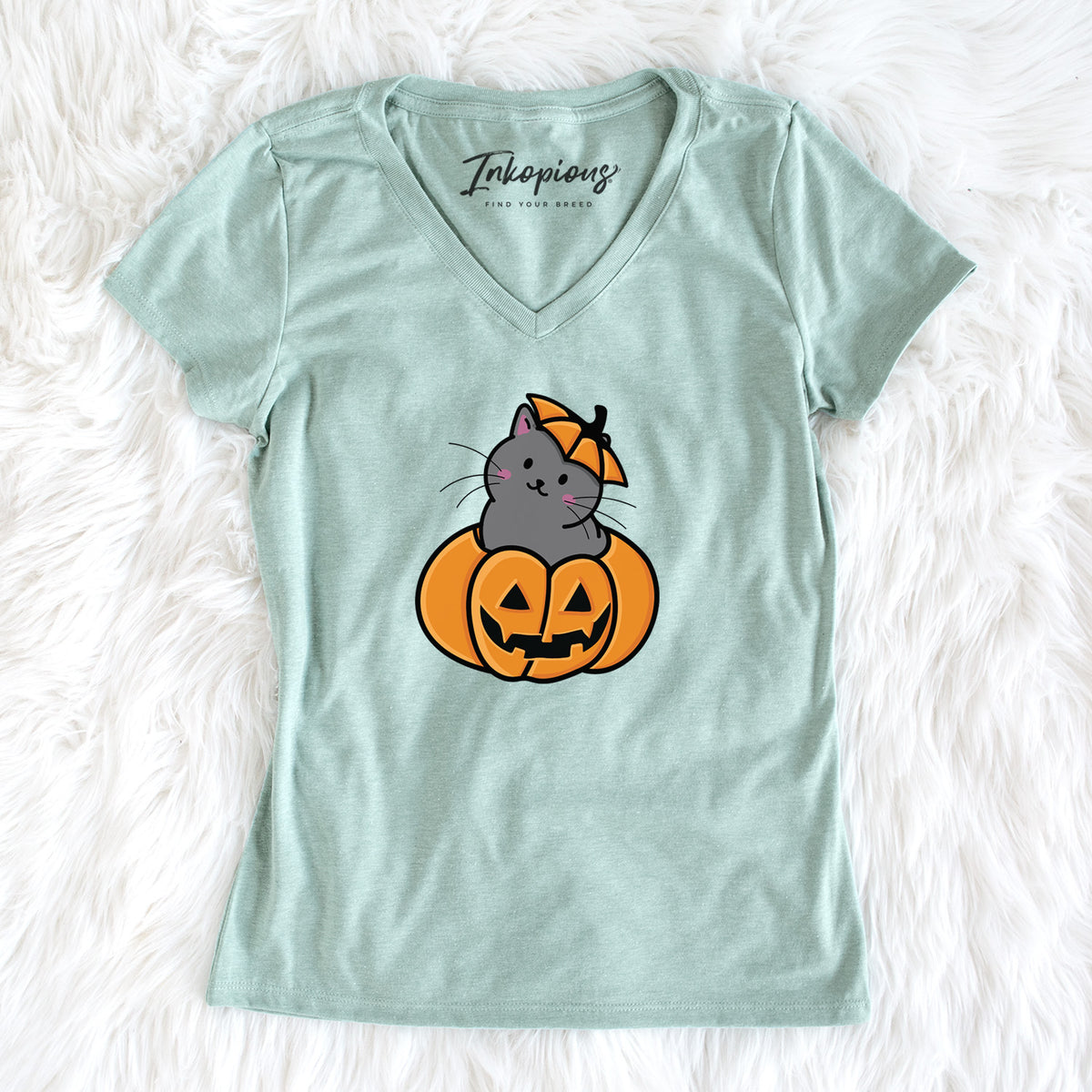 Pumpkin Cat - Black Cat - Women's Perfect V-neck Shirt