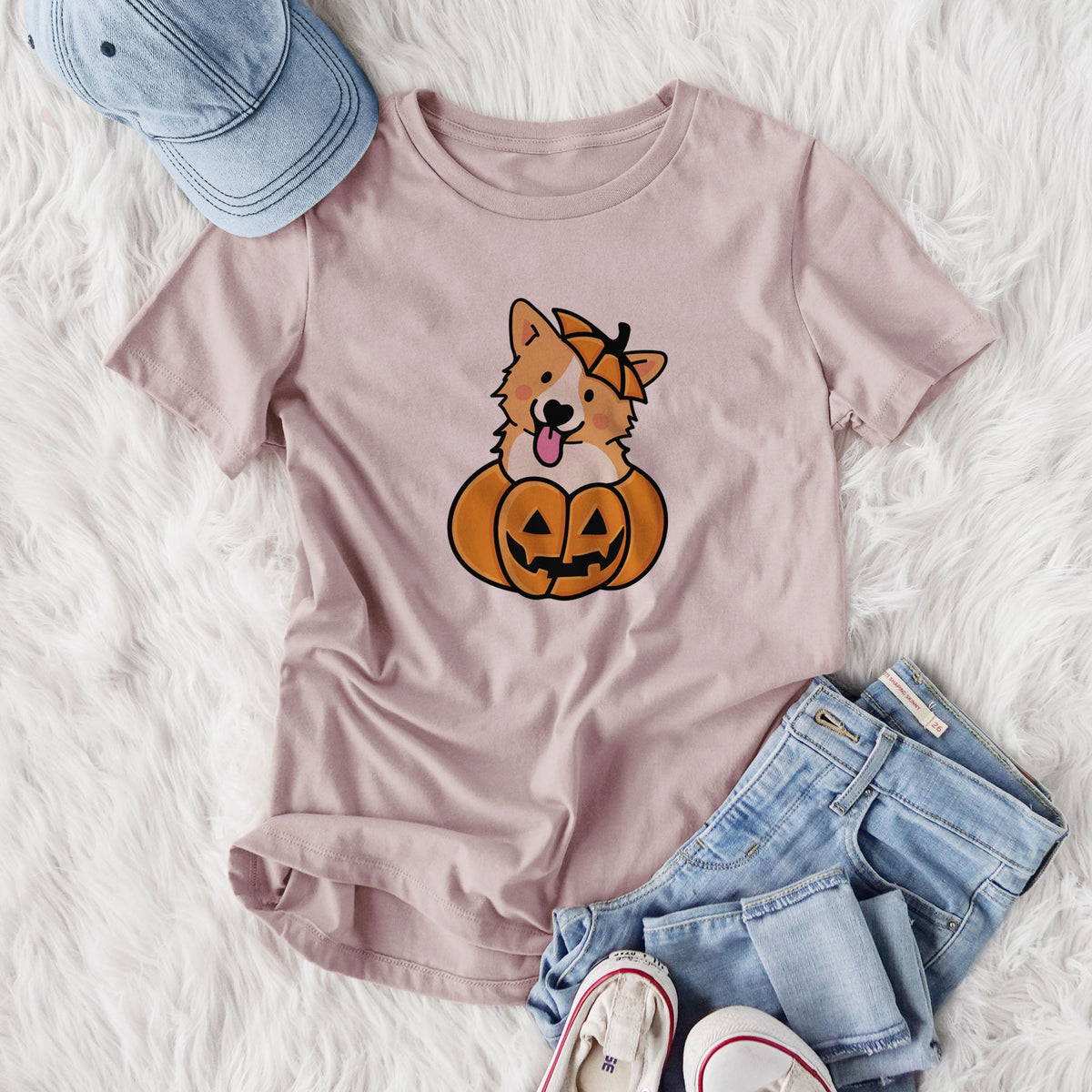Pumpkin Pup - Corgi - Women's Lightweight Relaxed Fit 100% Cotton Crewneck